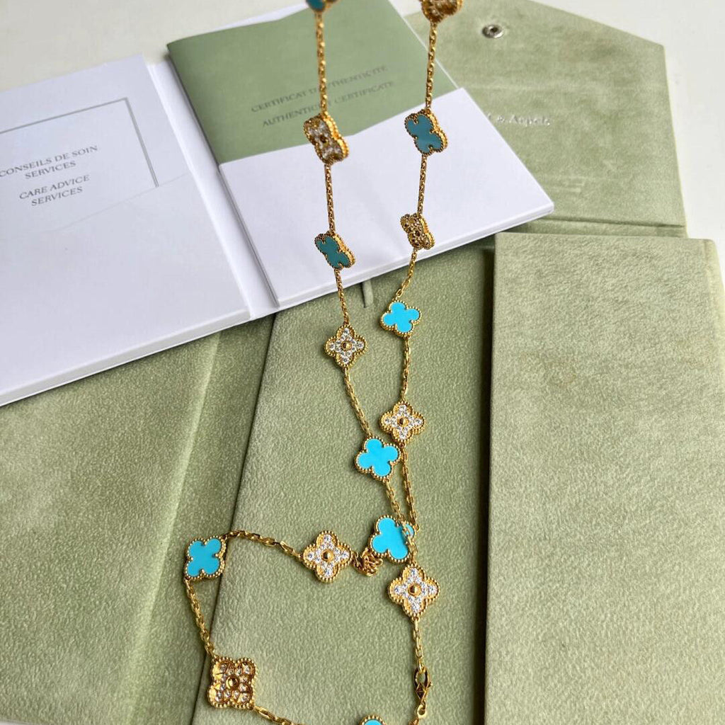 [BIJOUX]COLLIER TRÈFLE 20 MOTIFS TURQUOISE DIAMANT