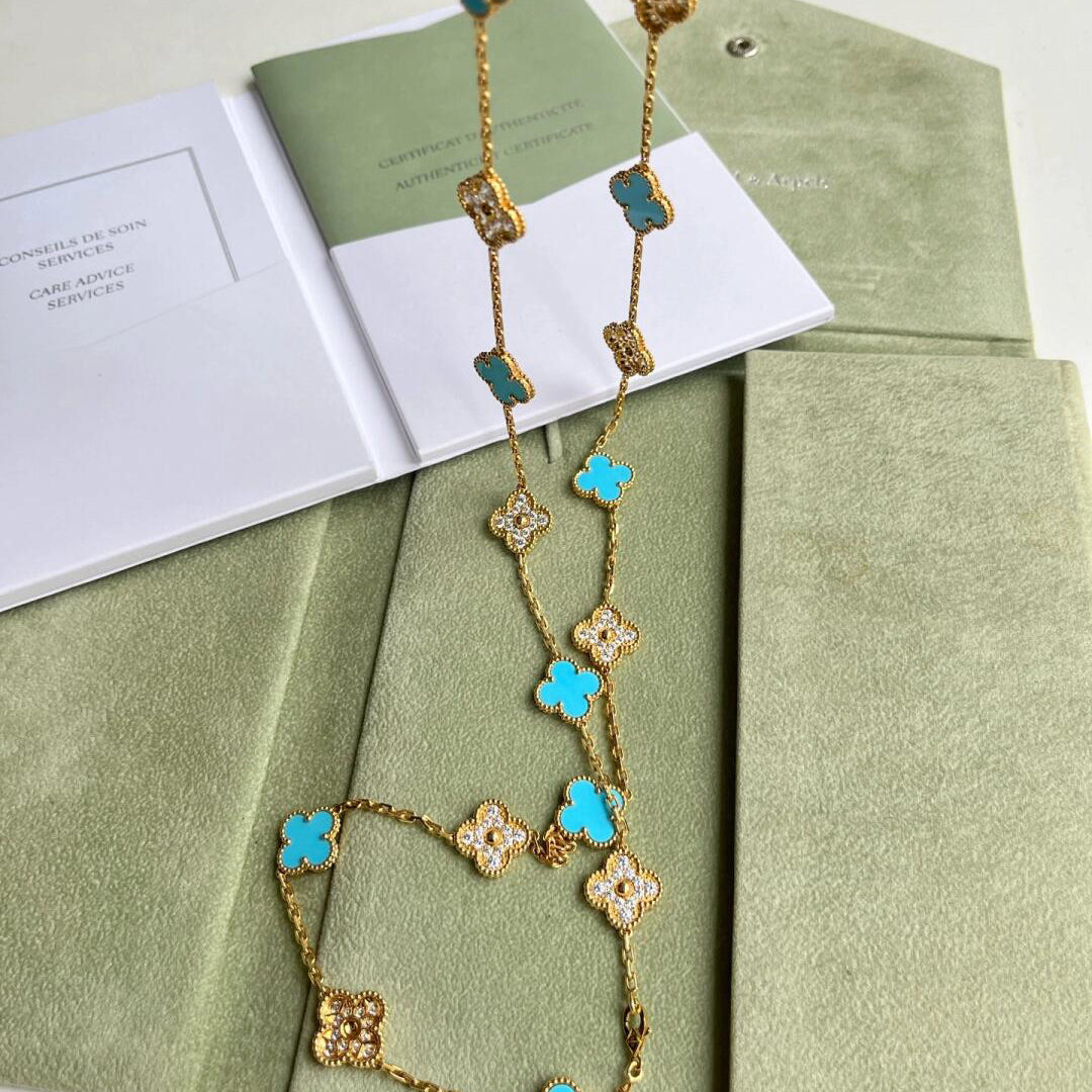 [BIJOUX]COLLIER TRÈFLE 20 MOTIFS TURQUOISE DIAMANT