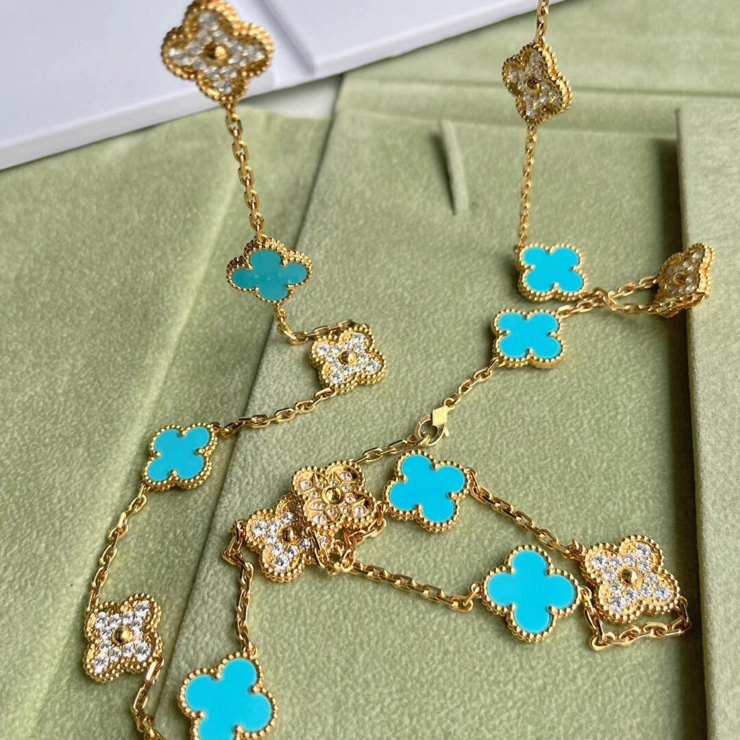 [BIJOUX]COLLIER TRÈFLE 20 MOTIFS TURQUOISE DIAMANT