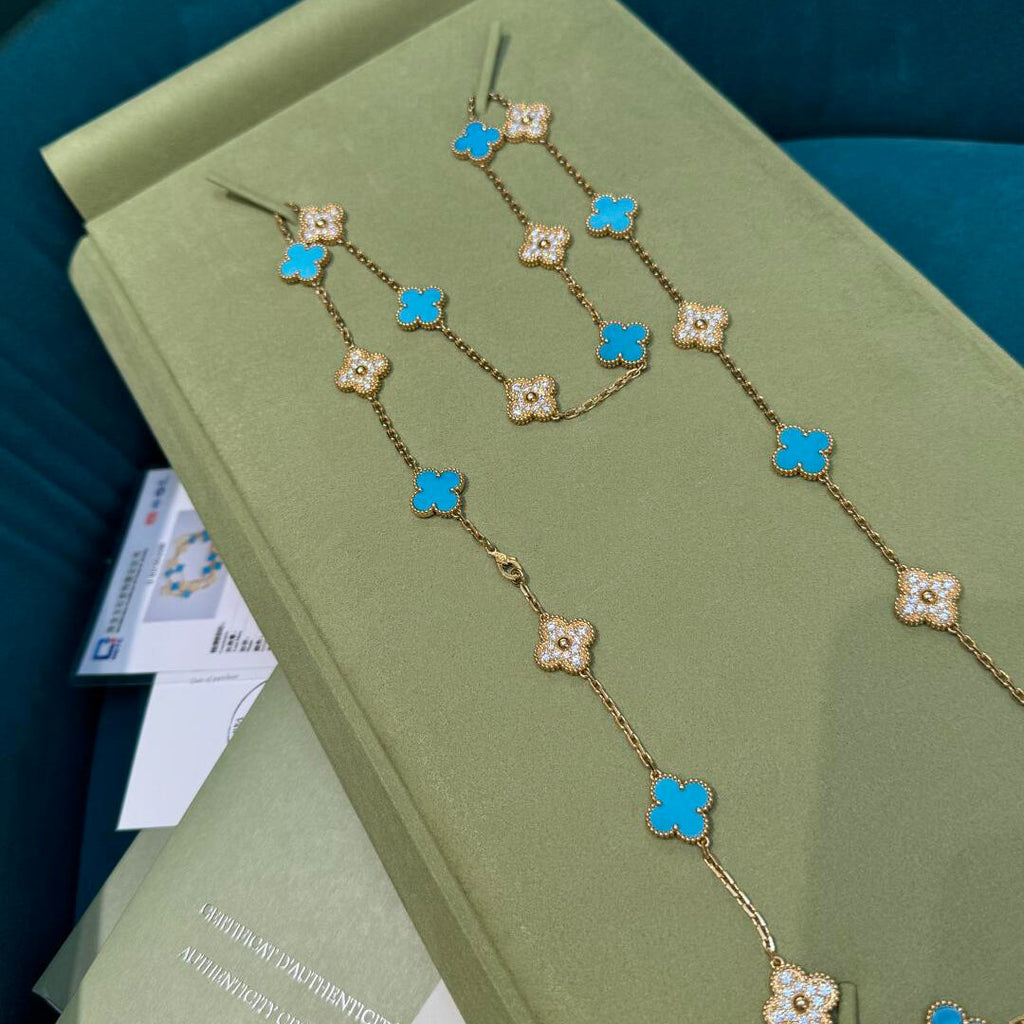 [BIJOUX]COLLIER TRÈFLE 20 MOTIFS TURQUOISE DIAMANT