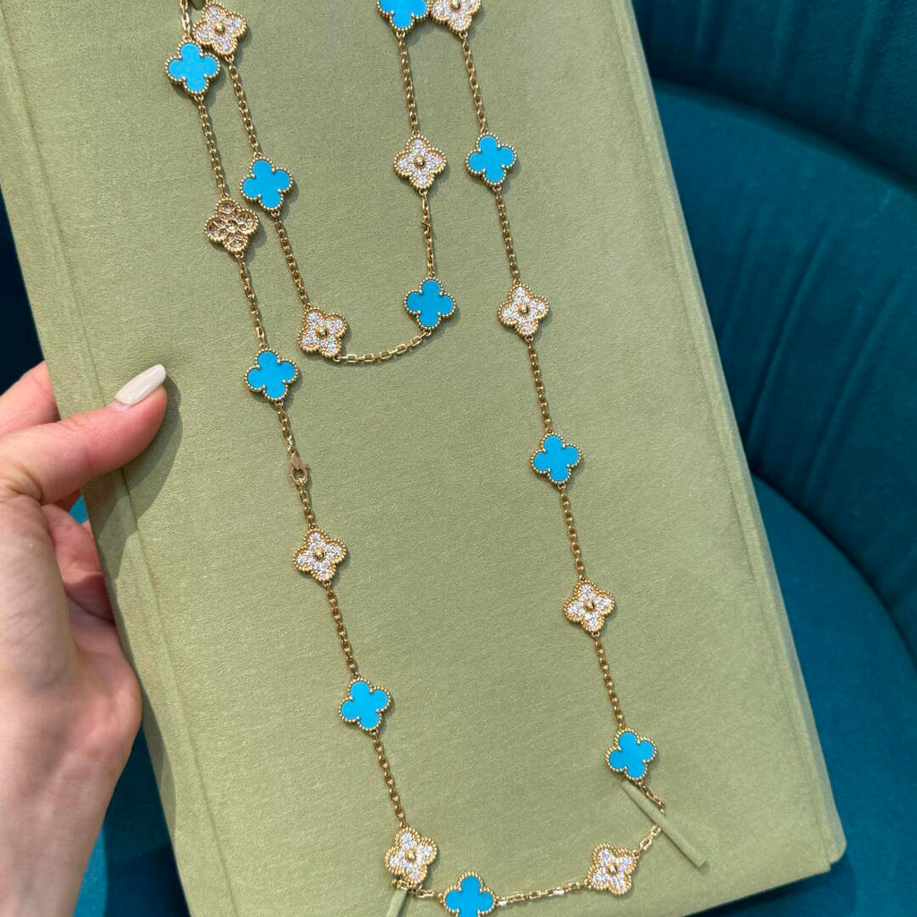 [BIJOUX]COLLIER TRÈFLE 20 MOTIFS TURQUOISE DIAMANT