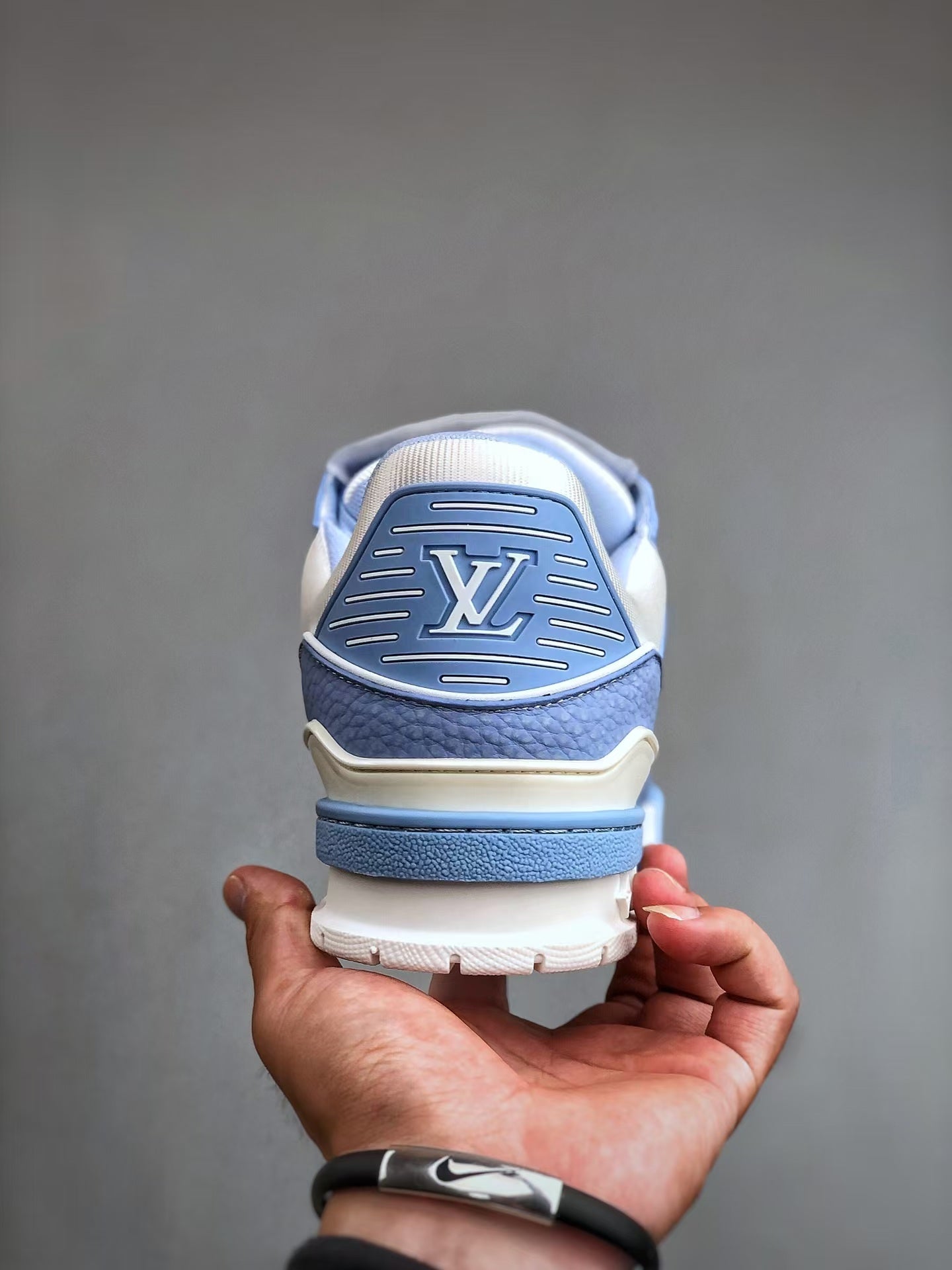 TRAINER CALF LEATHER ROUND TOE LACE-UP LOW-TOP SNEAKERS BLUE WHITE