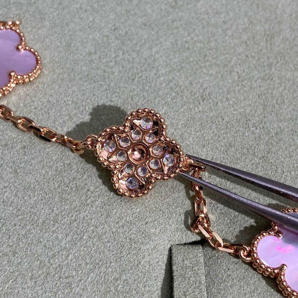 [BIJOUX]CLOVER 10 MOTIFS DIAMOND PINK MOP NECKLACE