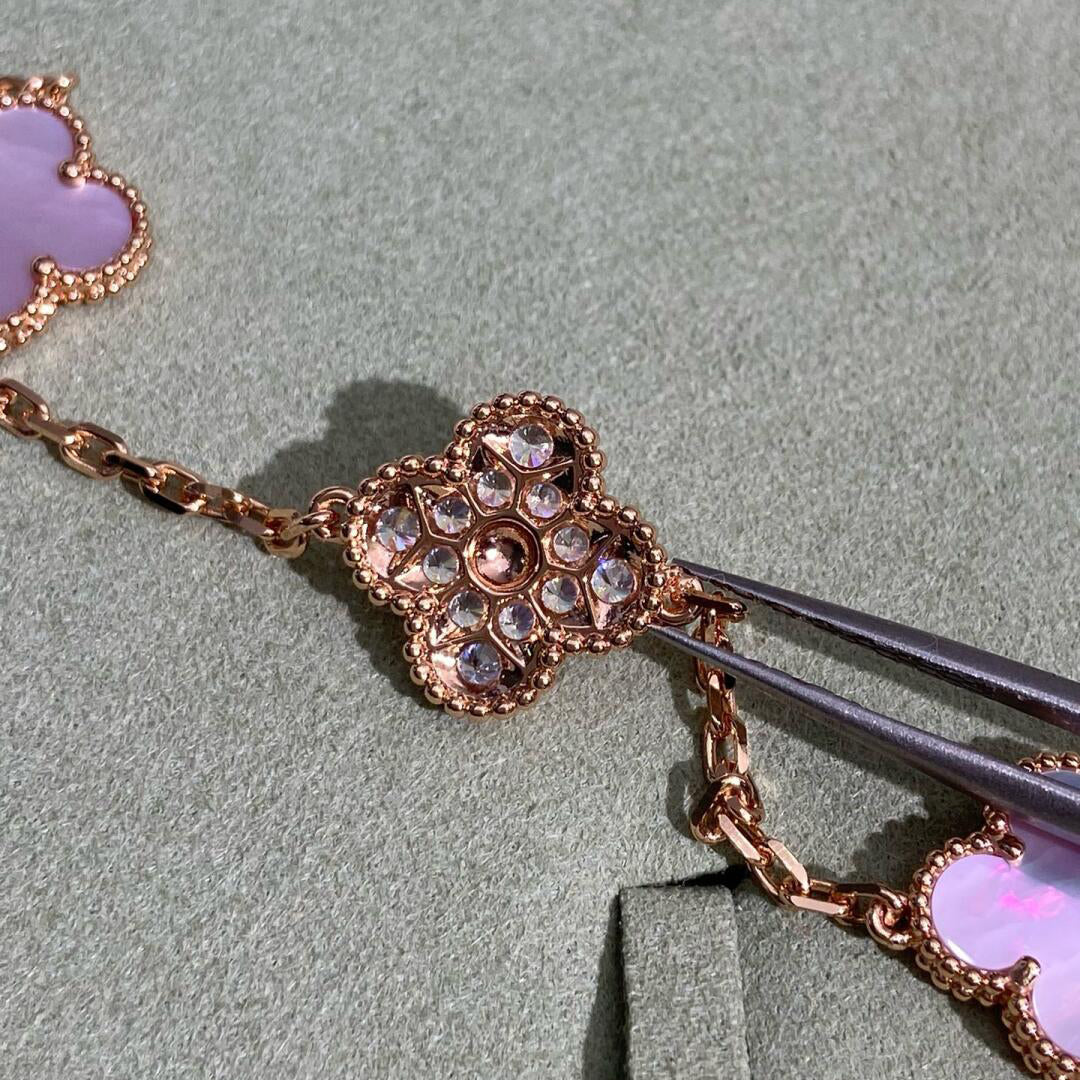 [BIJOUX]COLLIER TRÈFLE 10 MOTIFS DIAMANT NACRE ROSE