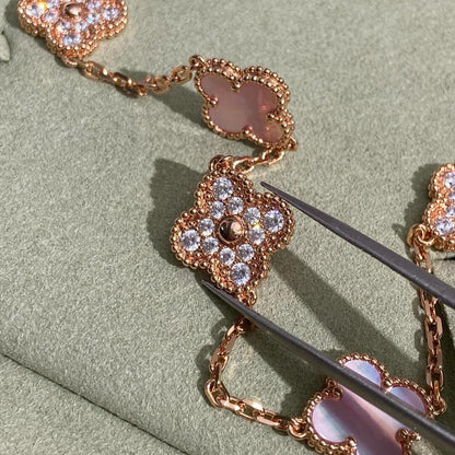 [BIJOUX]CLOVER 10 MOTIFS DIAMOND PINK MOP NECKLACE