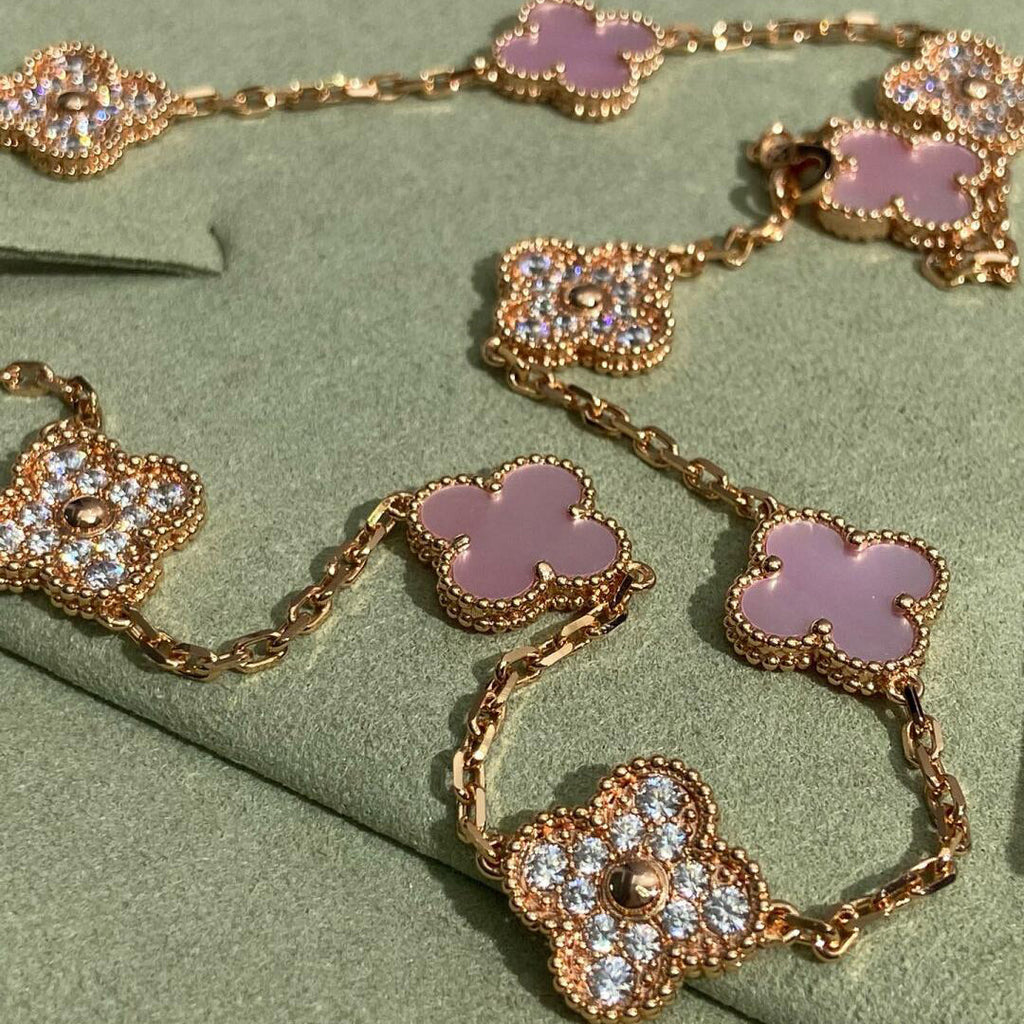 [BIJOUX]CLOVER 10 MOTIFS DIAMOND PINK MOP NECKLACE