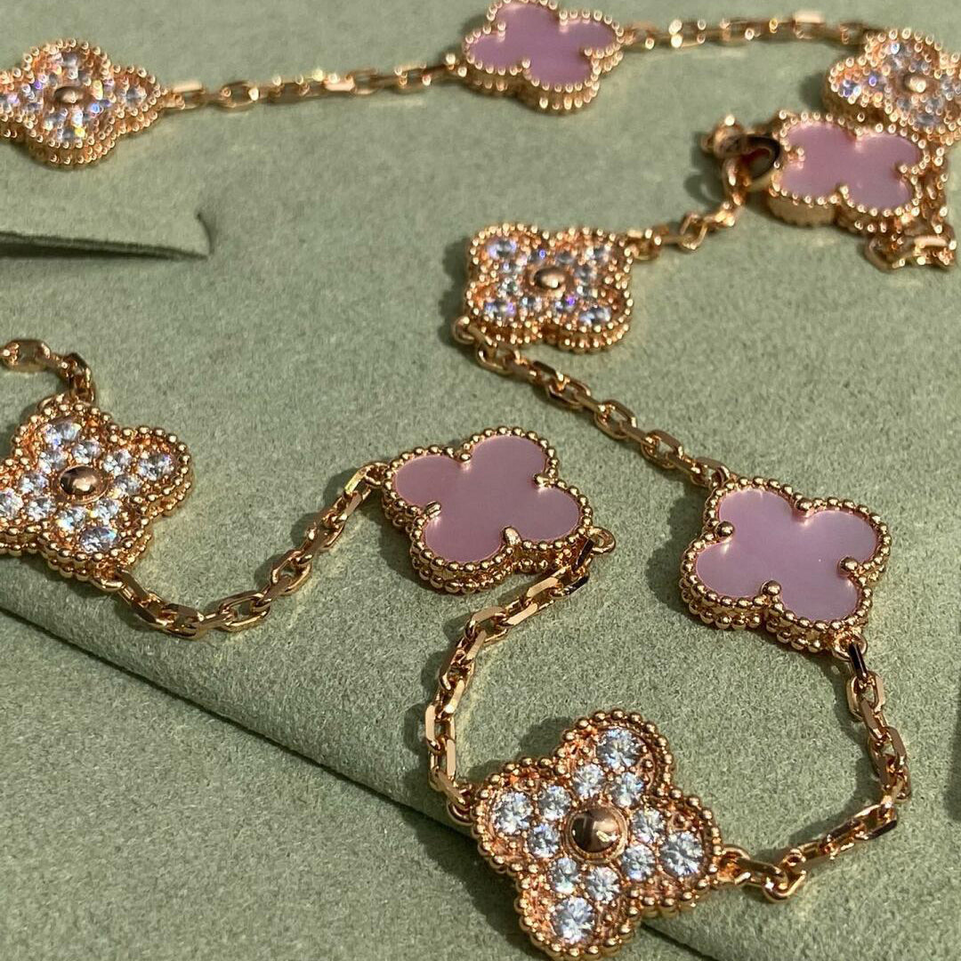 [BIJOUX]COLLIER TRÈFLE 10 MOTIFS DIAMANT NACRE ROSE