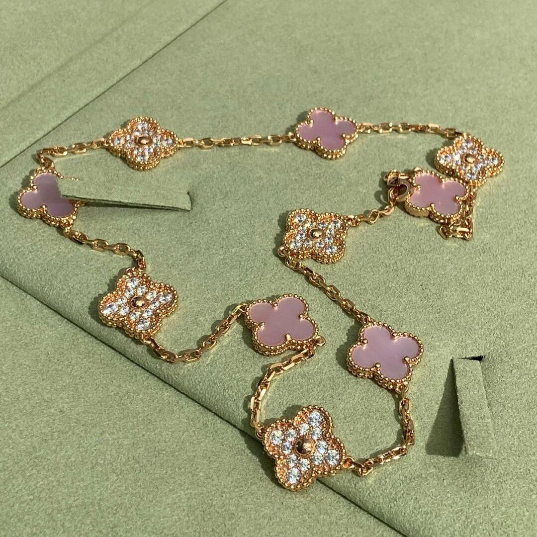 [BIJOUX]COLLIER TRÈFLE 10 MOTIFS DIAMANT NACRE ROSE