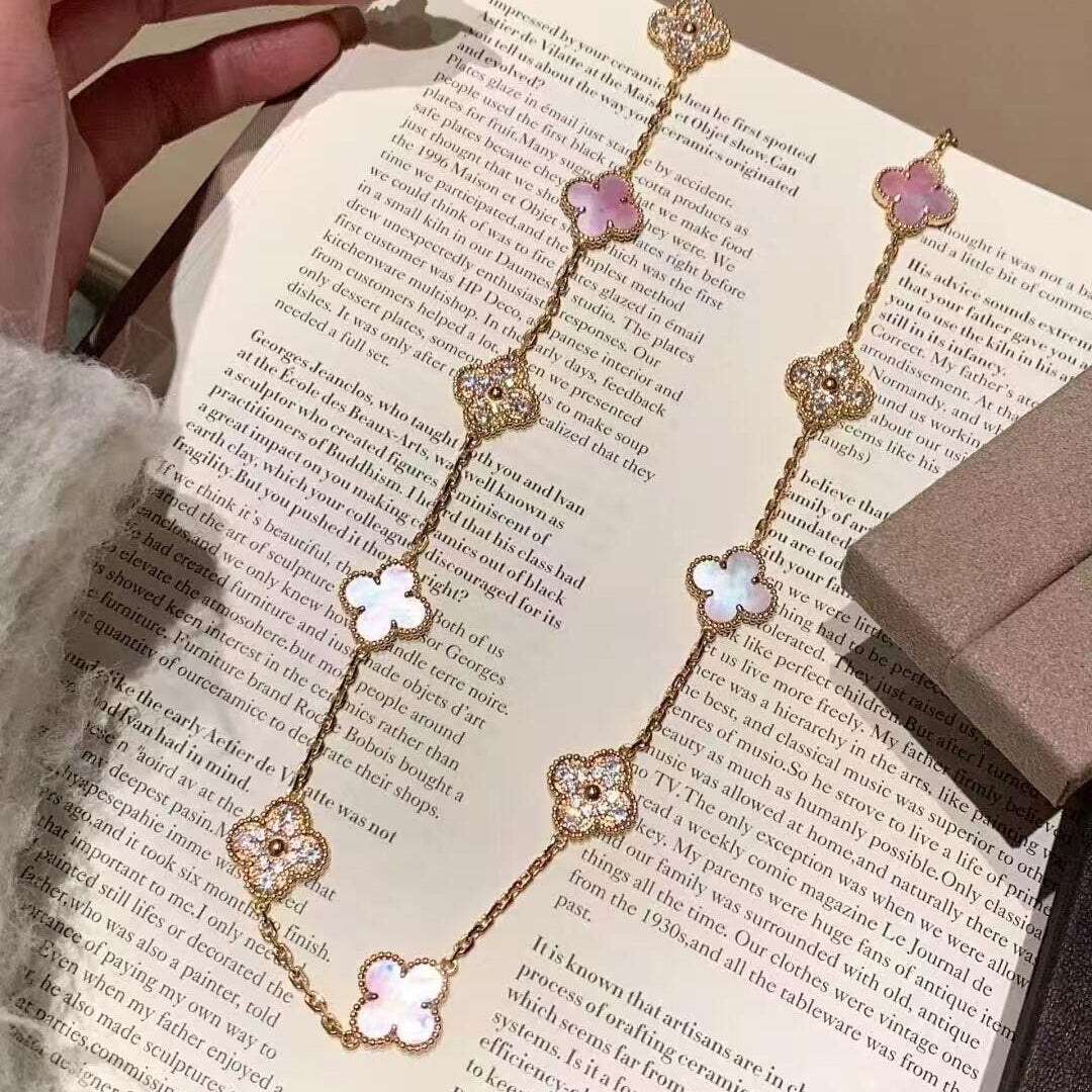 [BIJOUX]COLLIER TRÈFLE 20 MOTIFS NACRE ROSE DIAMANT
