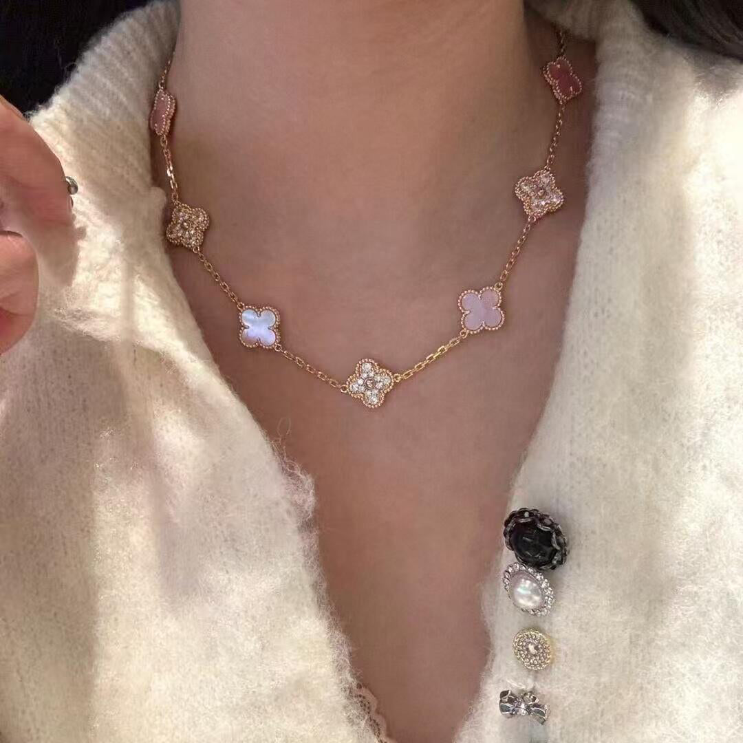 [BIJOUX]CLOVER 10 MOTIFS DIAMOND PINK MOP NECKLACE