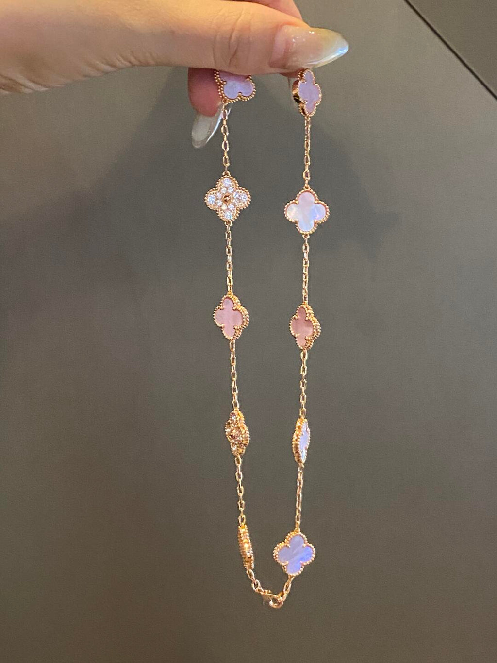 [BIJOUX]CLOVER 10 MOTIFS DIAMOND PINK MOP NECKLACE