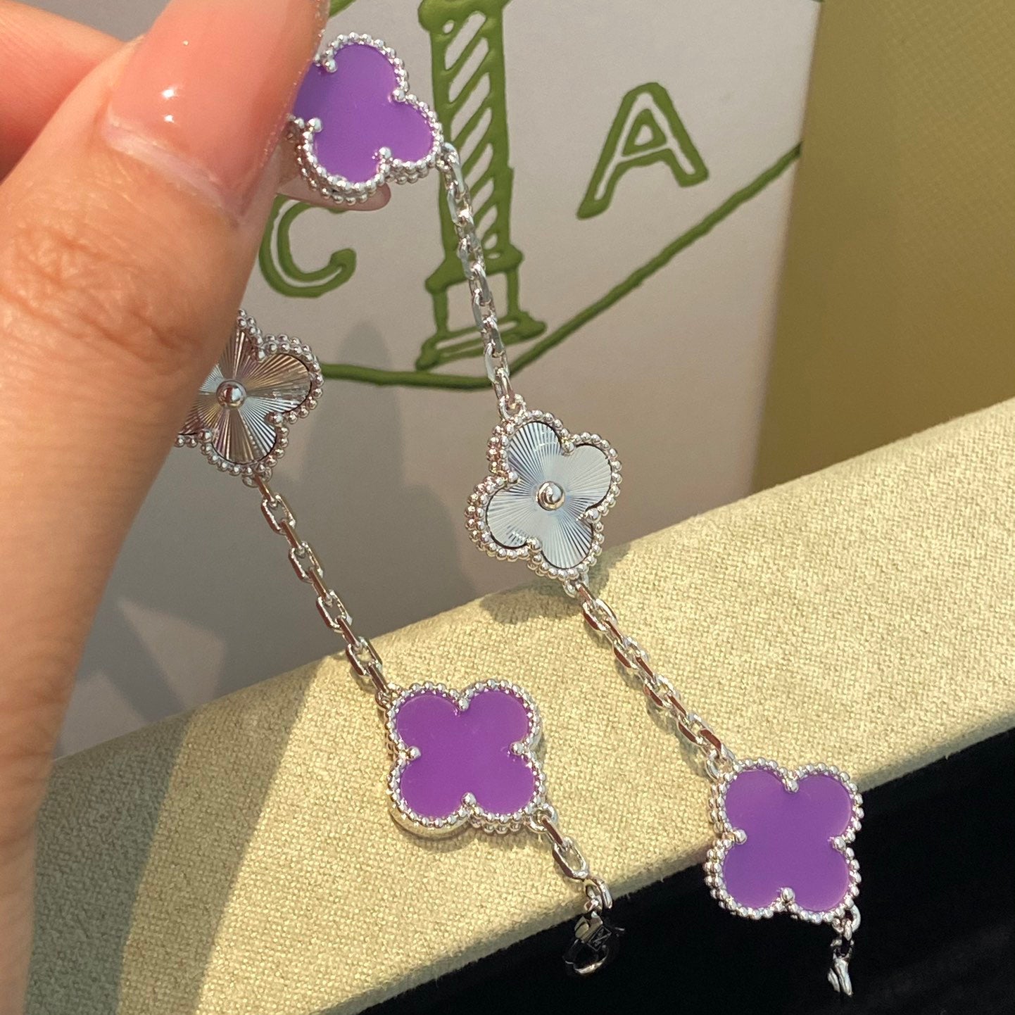 [BIJOUX]CLOVER  5 MOTIFS  PURPLE VIOLET BRACELET SILVER