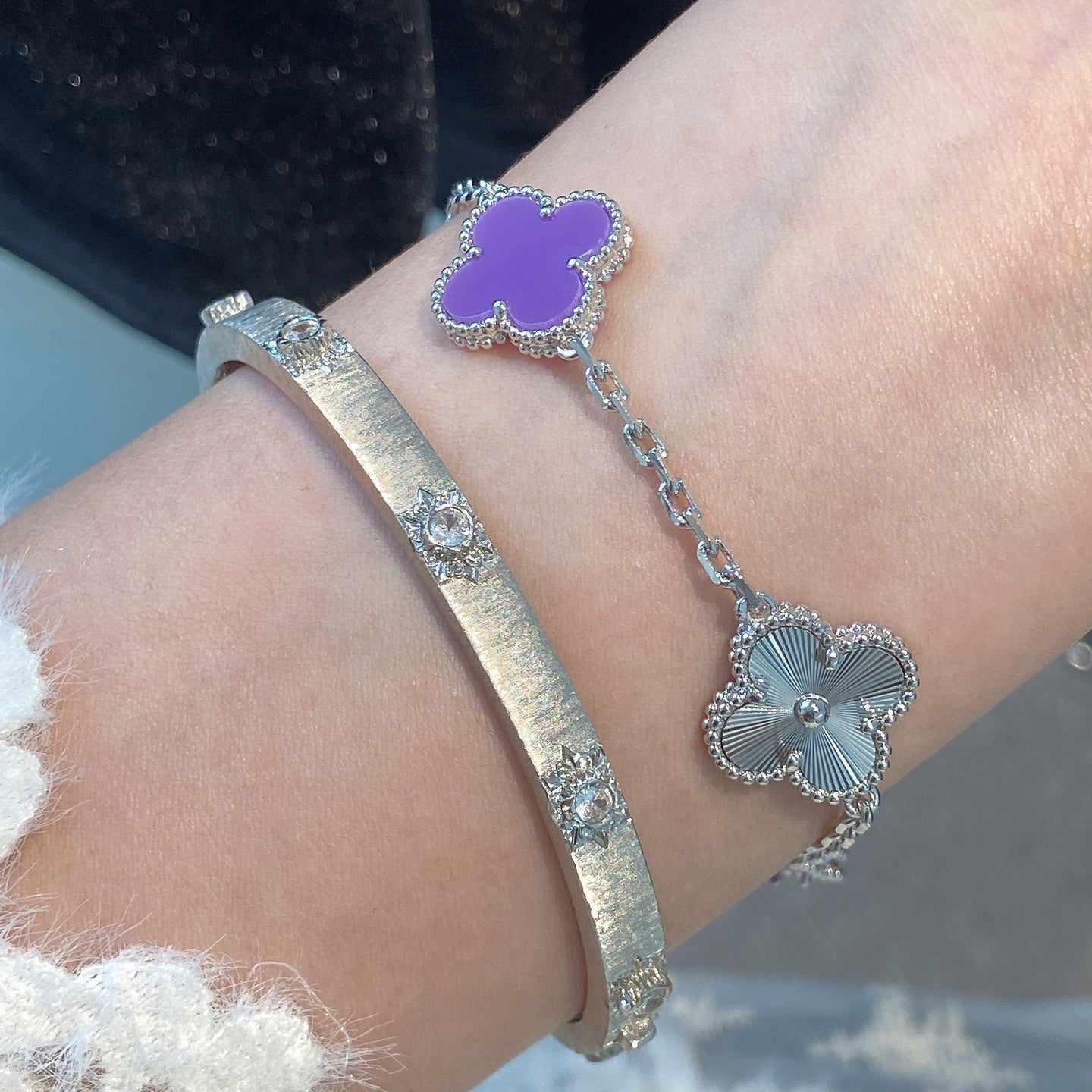 [BIJOUX]CLOVER  5 MOTIFS  PURPLE VIOLET BRACELET SILVER