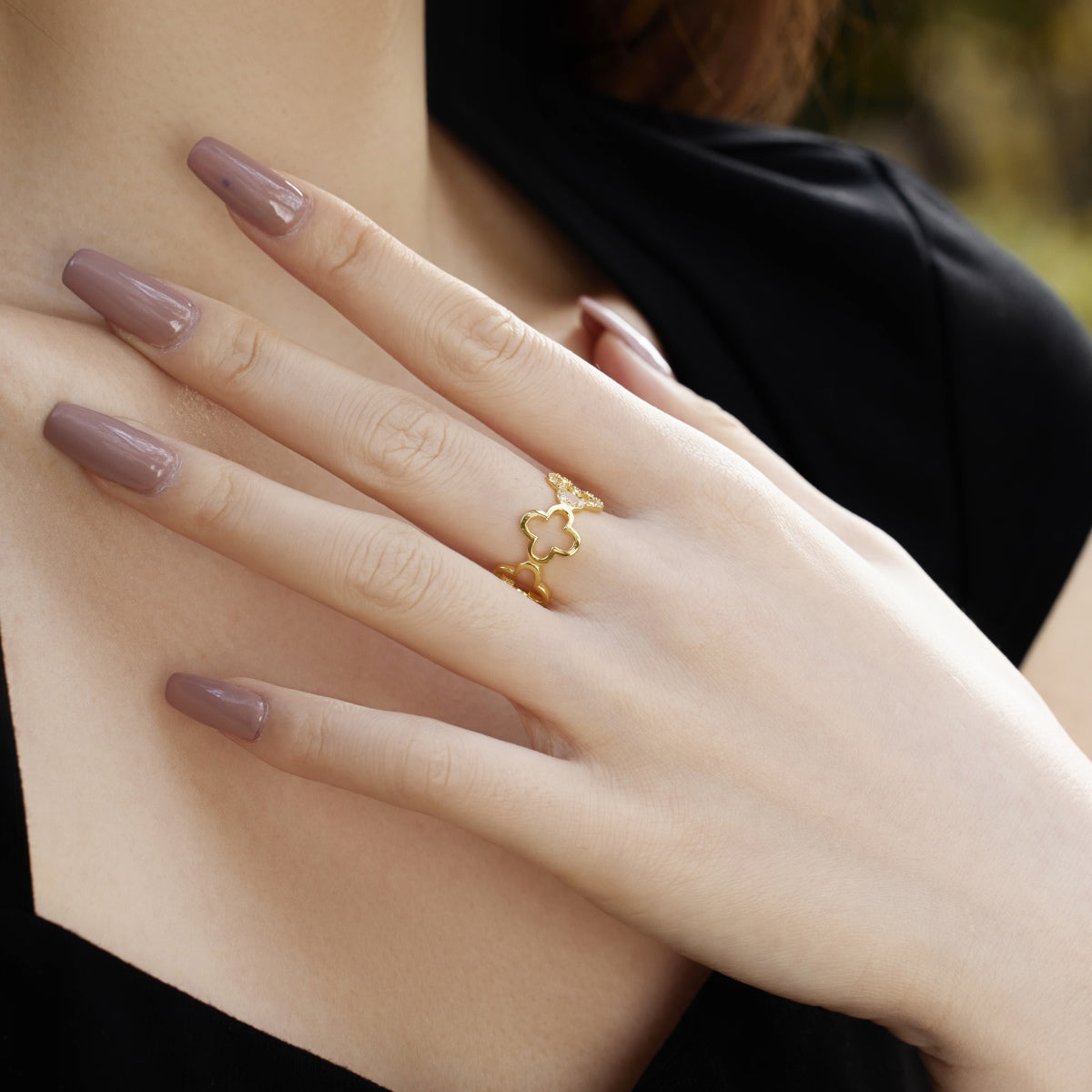 [Goodv]Hollow Design Four-Leaf Clover Flower Shape Ring