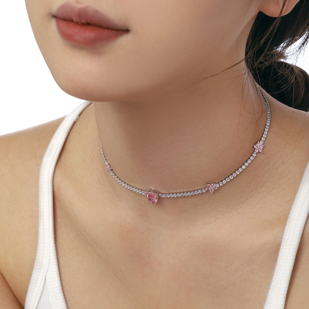[Goodv]Dazzling Pink Heart Flower Necklace