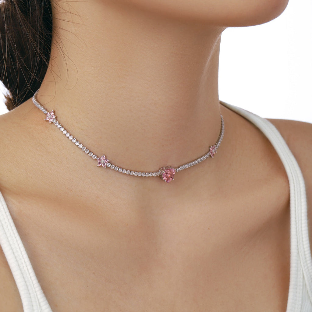 [Goodv]Dazzling Pink Heart Flower Necklace