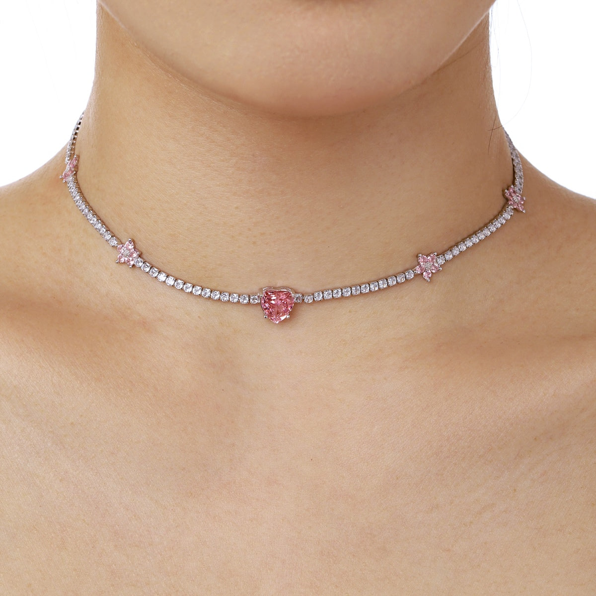 [Goodv]Dazzling Pink Heart Flower Necklace
