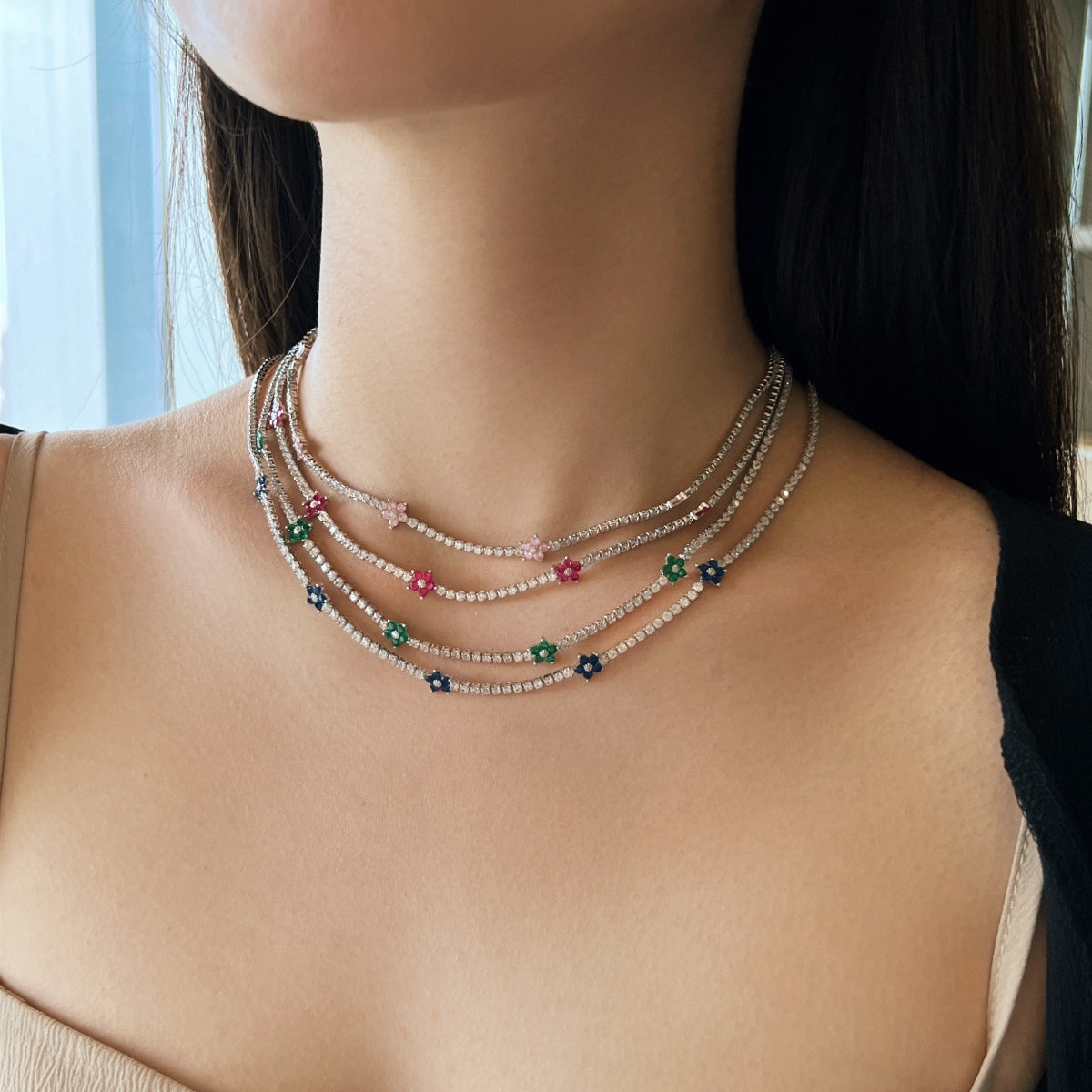 [Goodv]Luxurious Colorful Flower Tennis Necklace