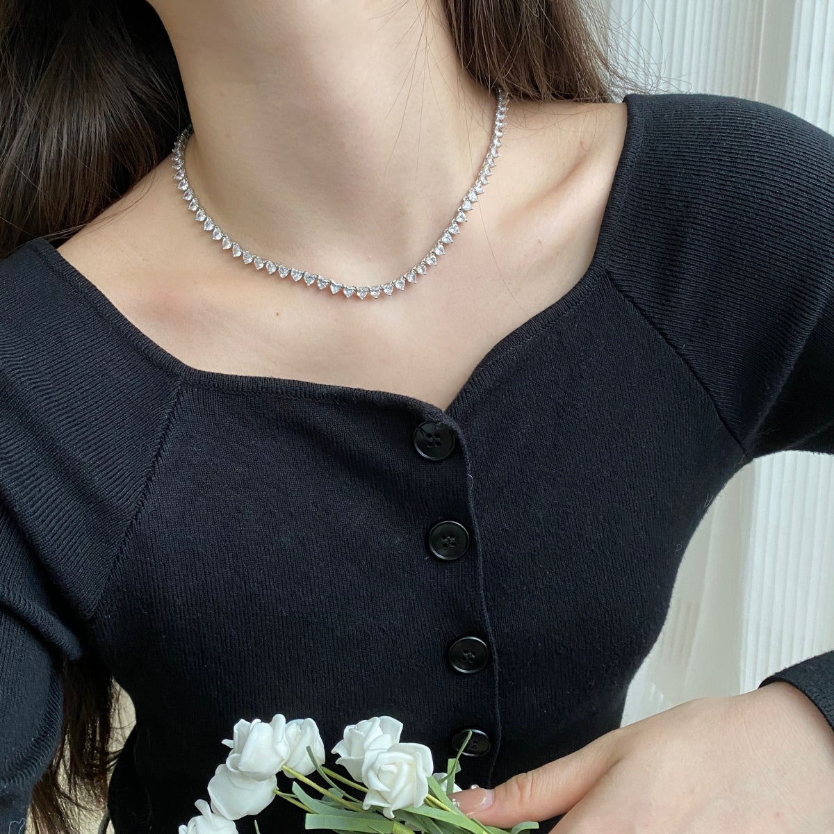 [Goodv]Ornate Heart Cut Tennis Necklace