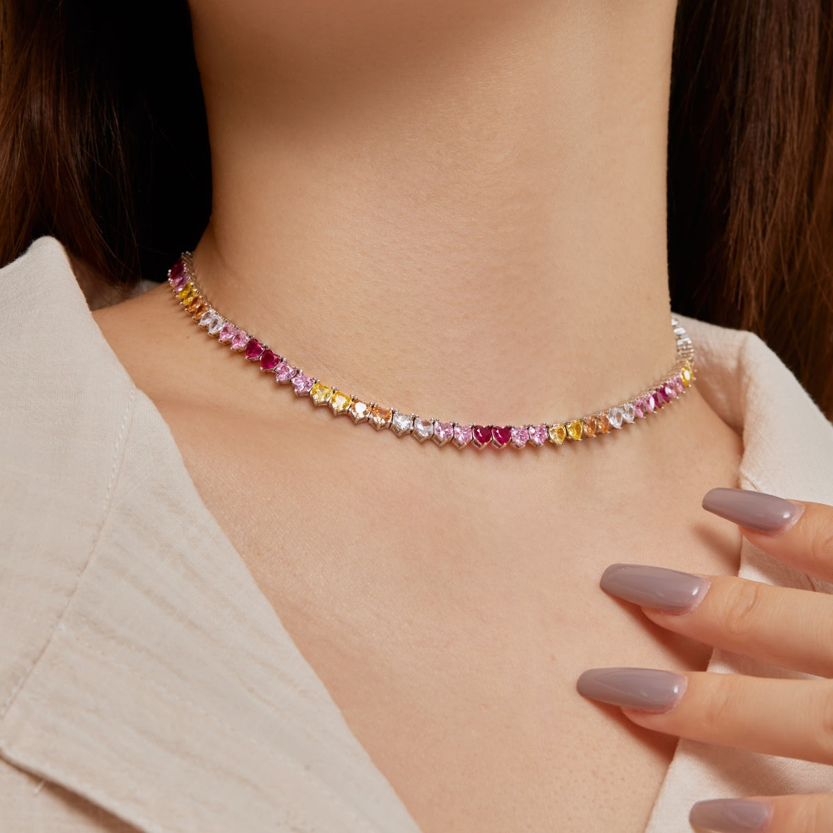 [Goodv]Sparkling Colorful Full Heart Tennis Necklace