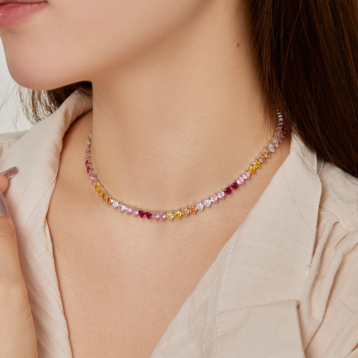 [Goodv]Sparkling Colorful Full Heart Tennis Necklace