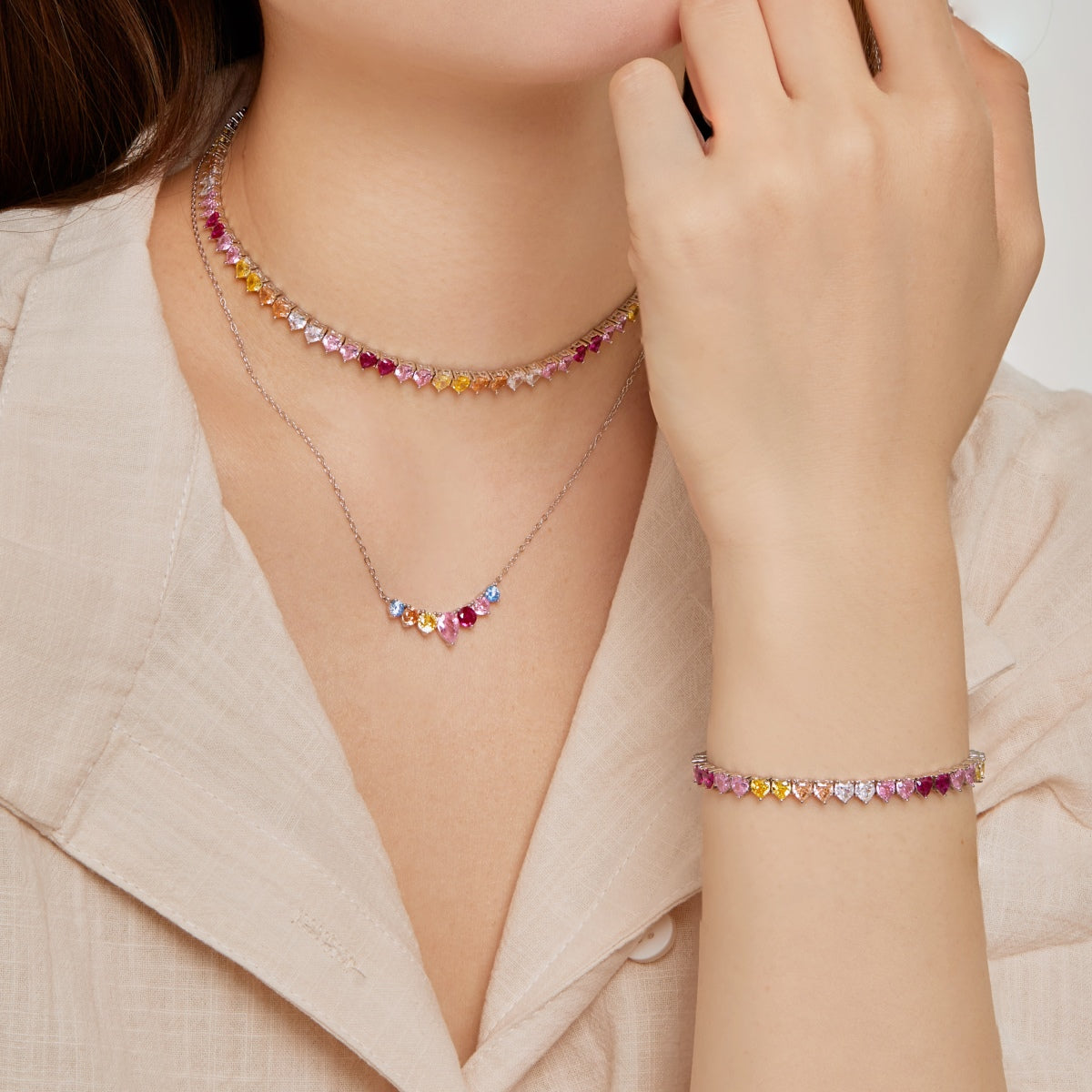 [Goodv]Sparkling Colorful Full Heart Tennis Necklace