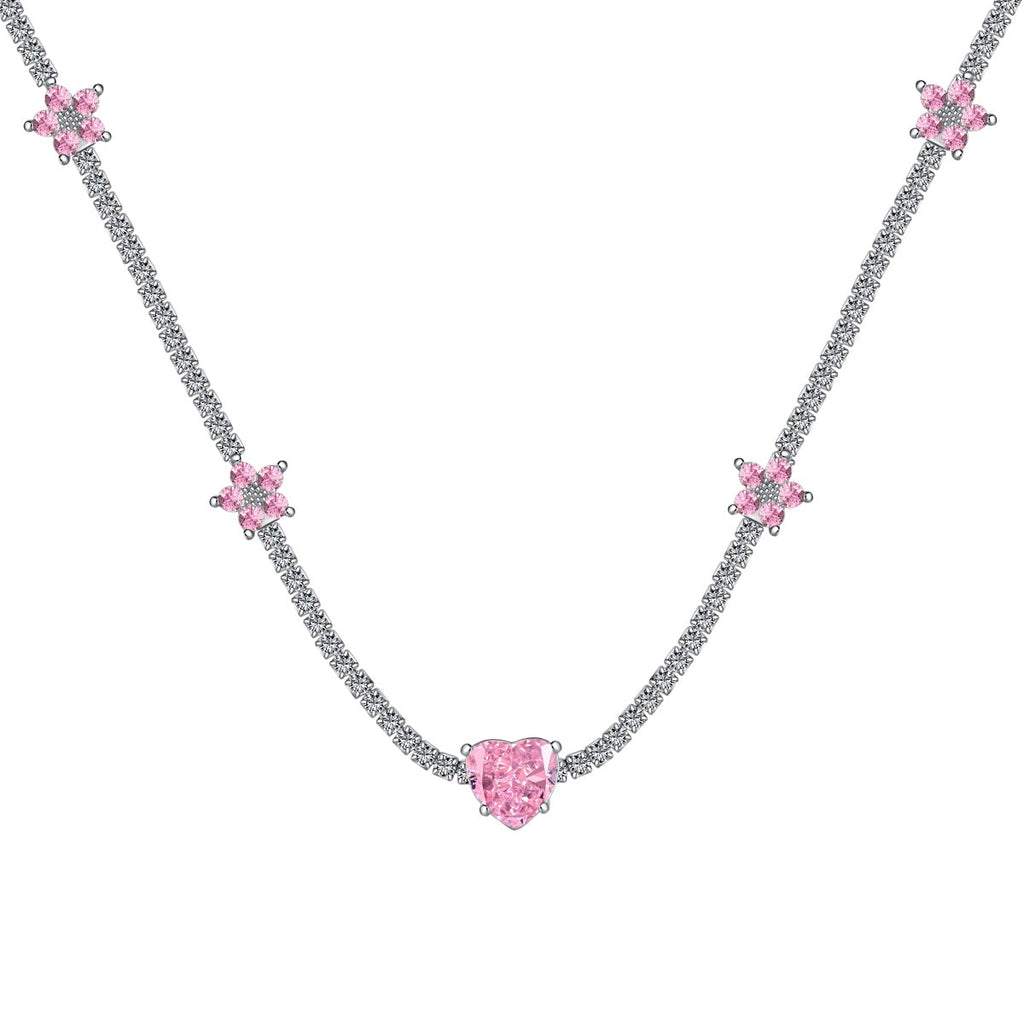 [Goodv]Dazzling Pink Heart Flower Necklace