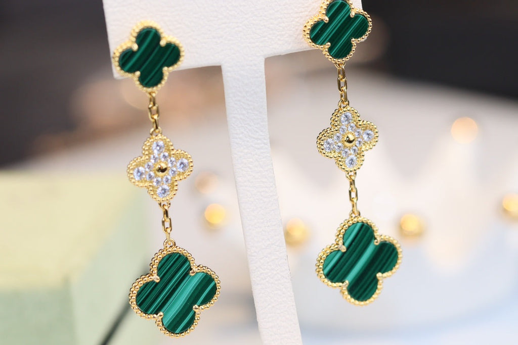 [BIJOUX]CLOVER EARRINGS GOLD MALACHITE DIAMOND 3 MOTIF