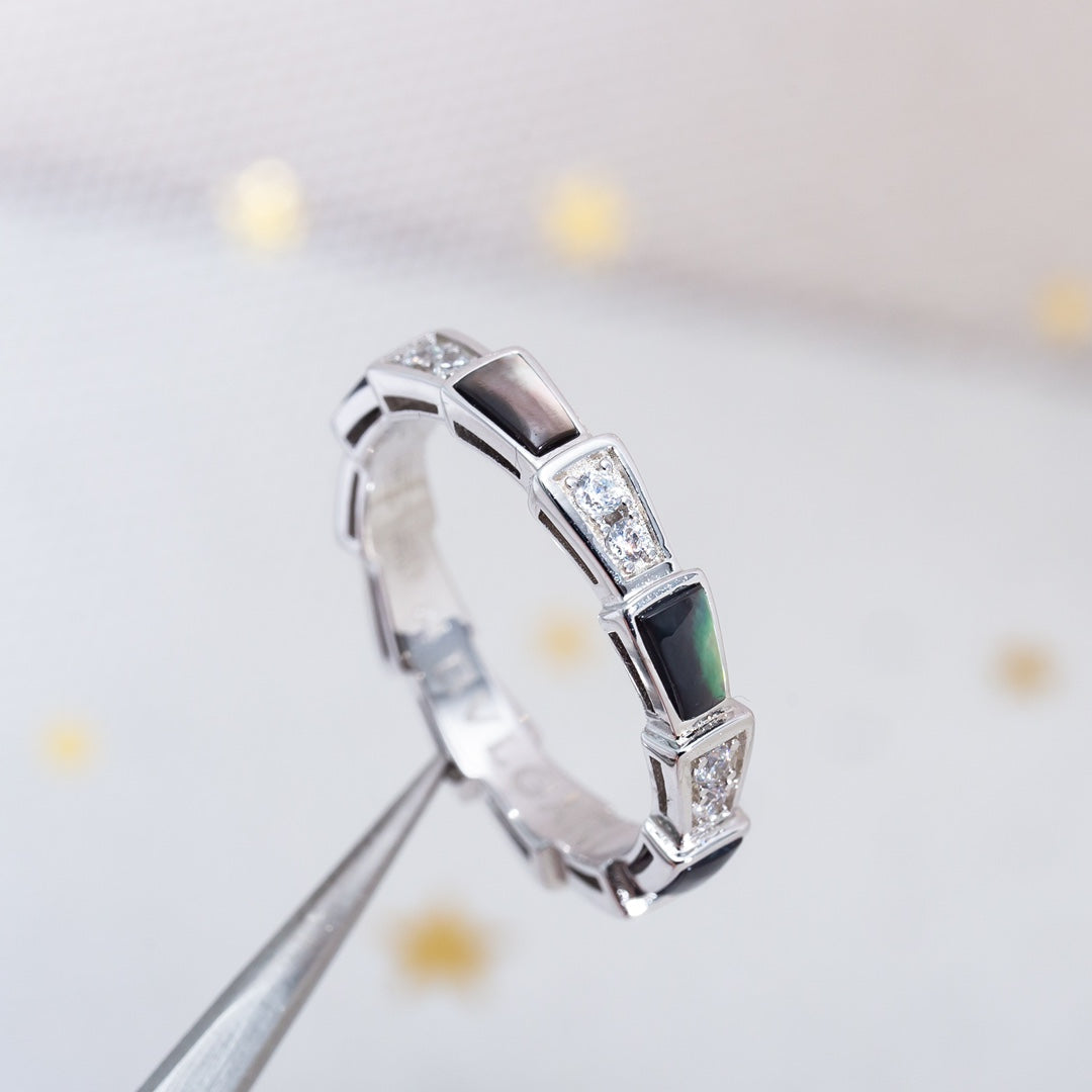 [BIJOUX]BAGUE SERPENTI ARGENT DIAMANT NACRE NOIRE 3MM
