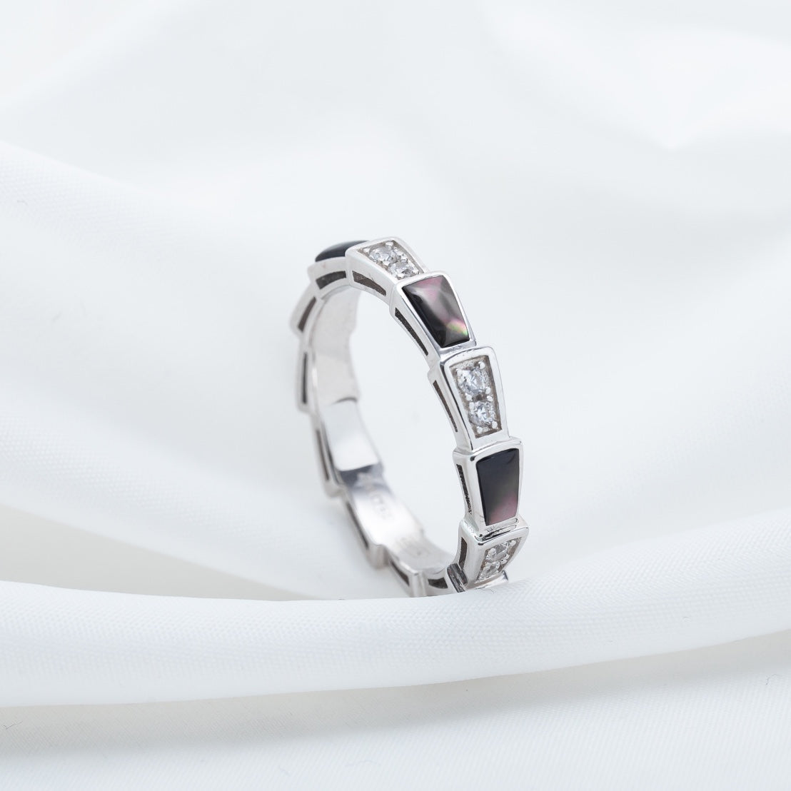 [BIJOUX]BAGUE SERPENTI ARGENT DIAMANT NACRE NOIRE 3MM