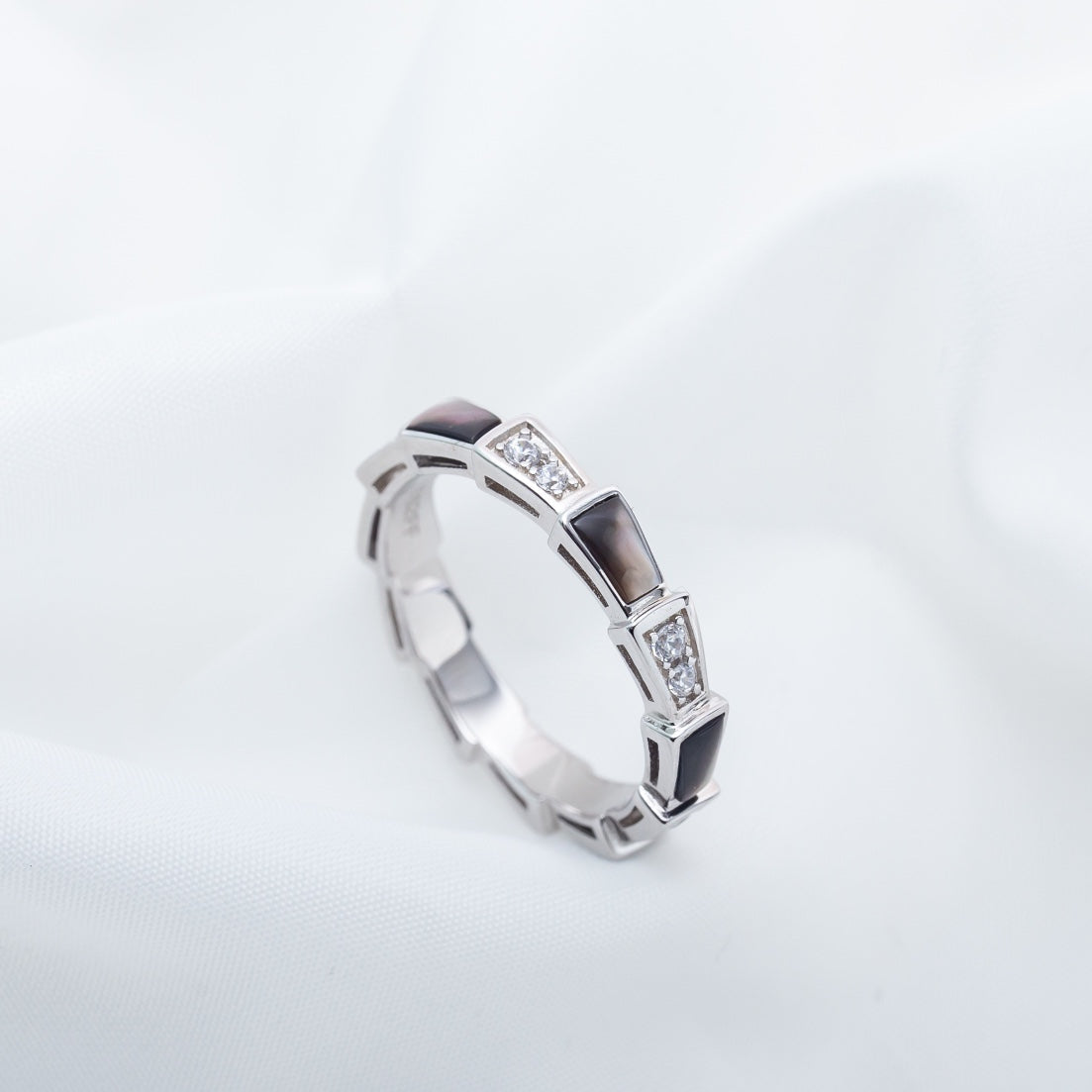 [BIJOUX]BAGUE SERPENTI ARGENT DIAMANT NACRE NOIRE 3MM