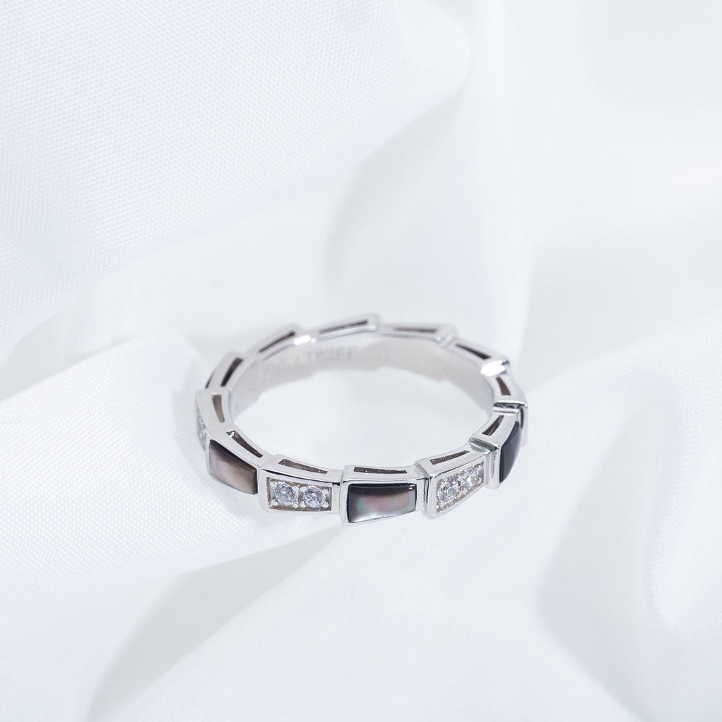 [BIJOUX]BAGUE SERPENTI ARGENT DIAMANT NACRE NOIRE 3MM