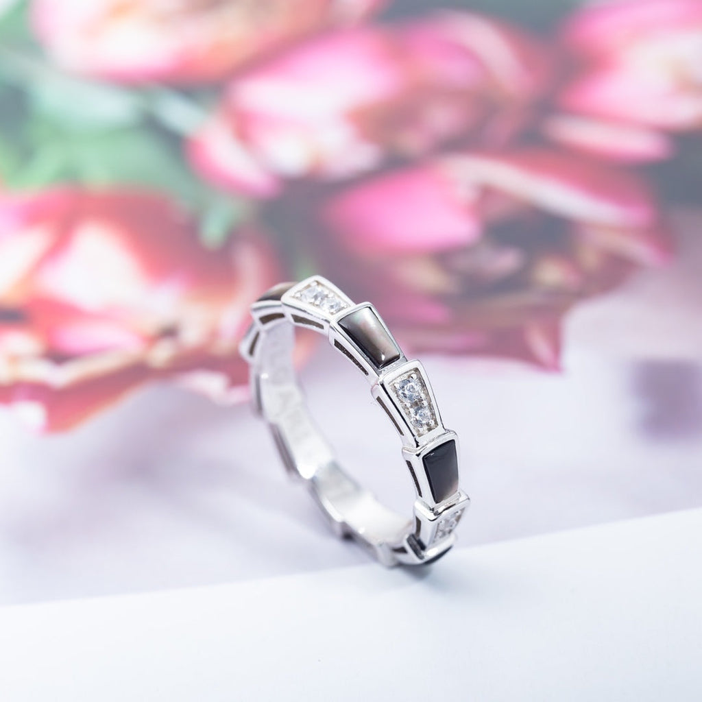 [BIJOUX]BAGUE SERPENTI ARGENT DIAMANT NACRE NOIRE 3MM