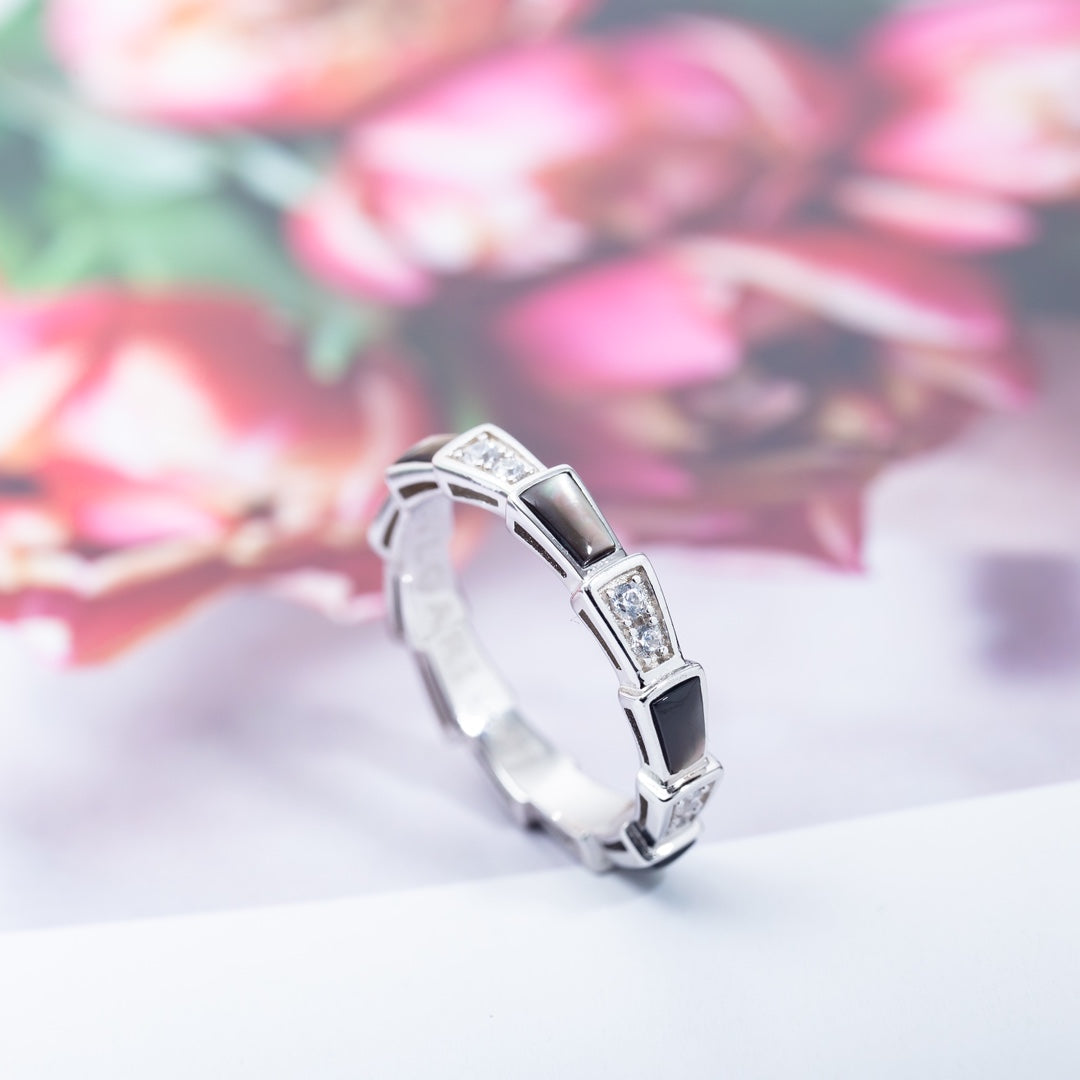 [BIJOUX]BAGUE SERPENTI ARGENT DIAMANT NACRE NOIRE 3MM