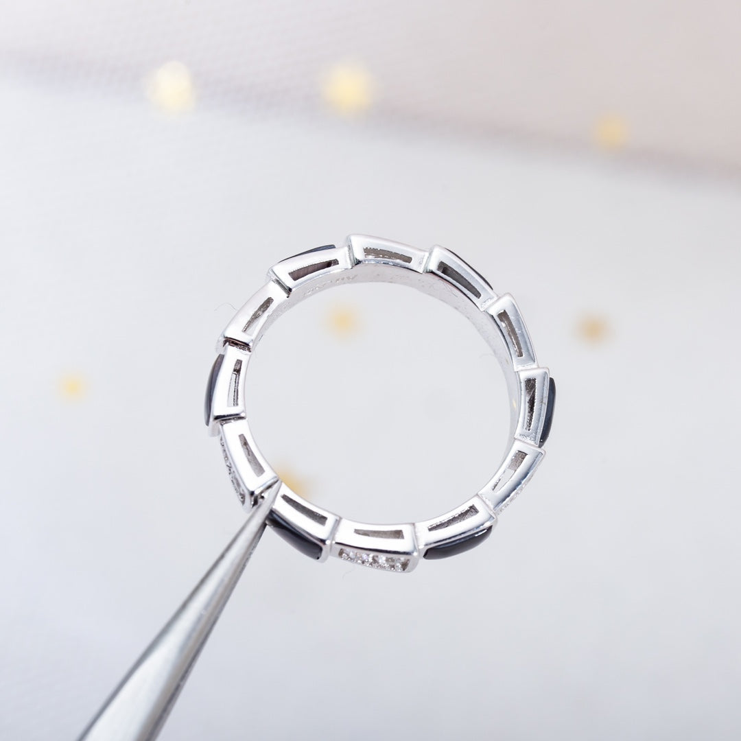 [BIJOUX]BAGUE SERPENTI ARGENT DIAMANT NACRE NOIRE 3MM