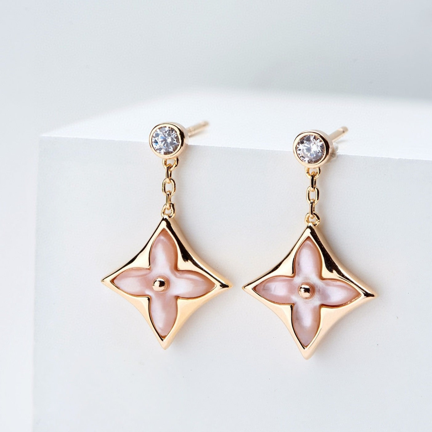 [BIJOUX]DOUBLE STAR PINK GOLD MOP DROP EARRINGS