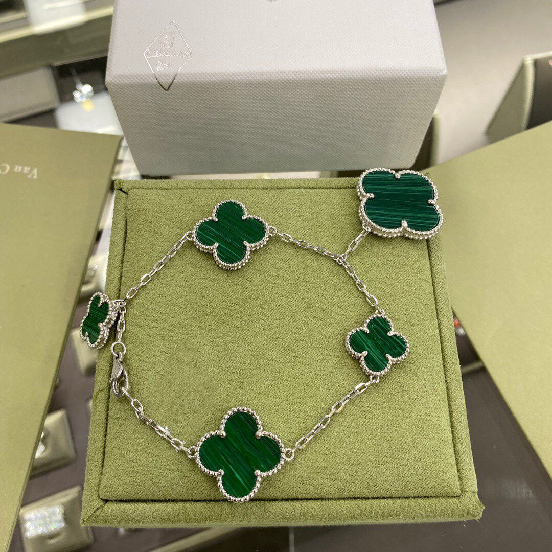 [Topon]CLOVER 5 MOTIFS SIVLER MALACHITE BRACELET