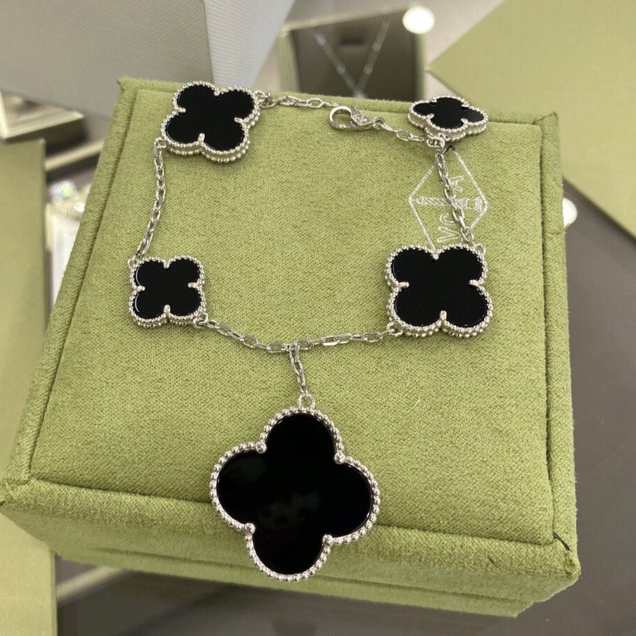 [Topon]CLOVER 5 MOTIFS SIVLER ONYX BRACELET