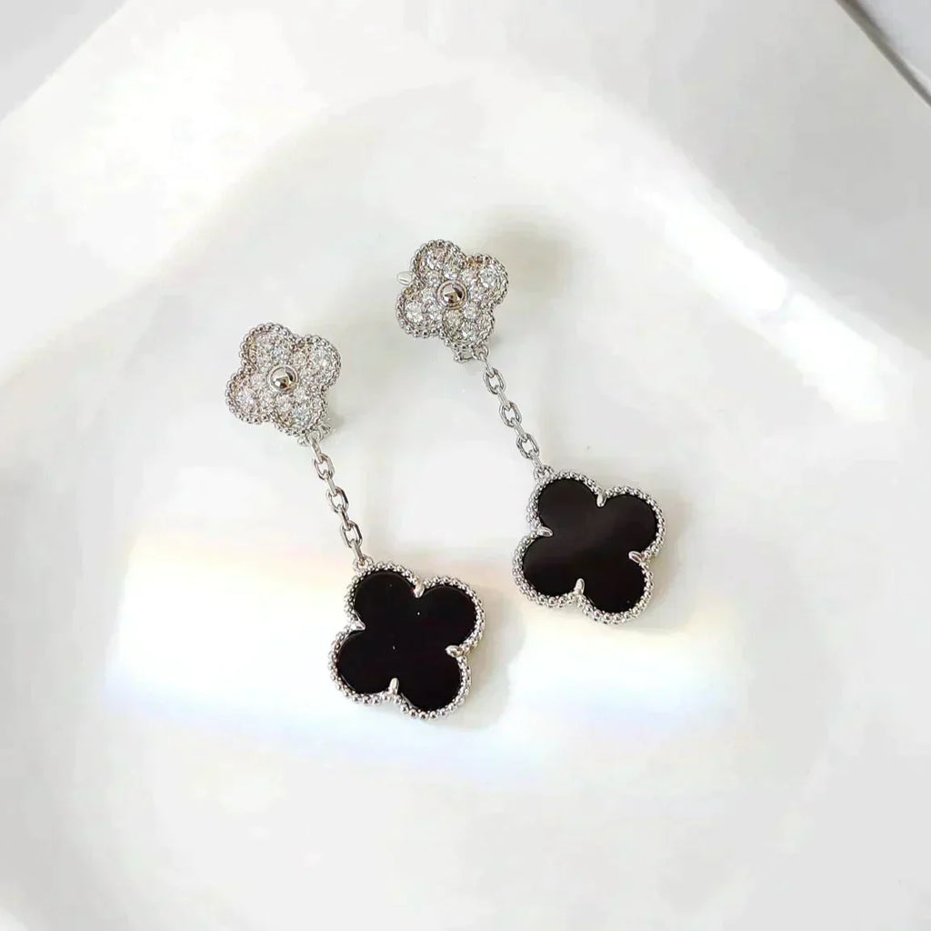 [Topon]CLOVER 2 MOTIFS  DIAMOND ONYX EARRINGS SILVER