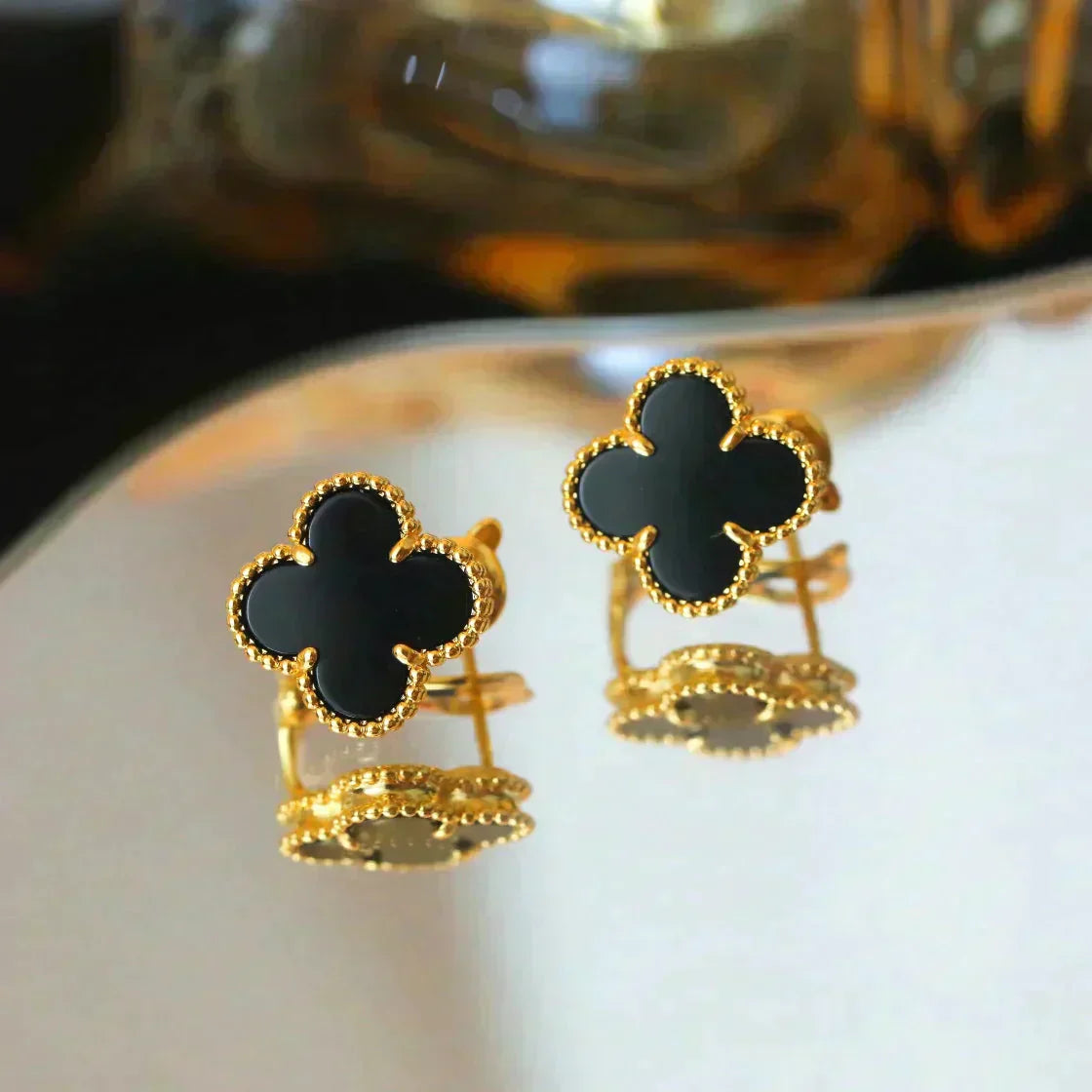 [BIJOUX]CLOVER MEDIUM 1 MOTIFS  ONYX STUD EARRINGS