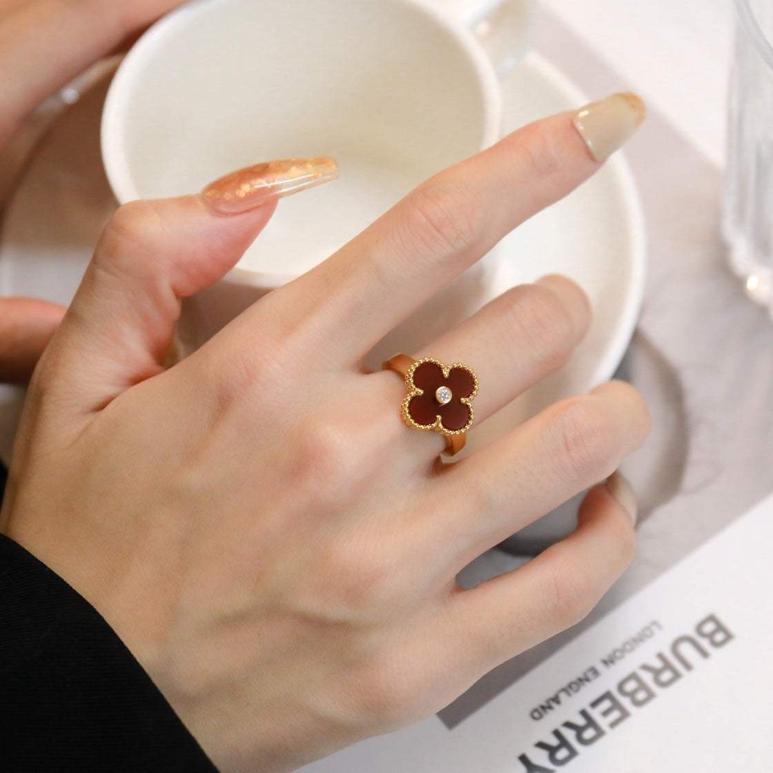 [BIJOUX]CLOVER CARNELIAN RING ROSE GOLD DIAMOND