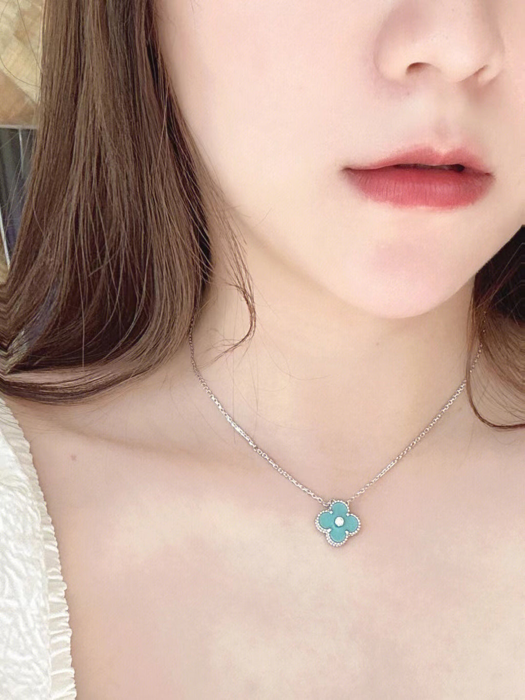 [BIJOUX]CLOVER 1 DIAMOND LIGHT BLUE SILVER NECKLACE