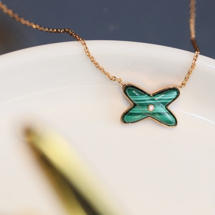 [BIJOUX]COLLIER JEUX MALACHITE 1 DIAMANT OR ROSE