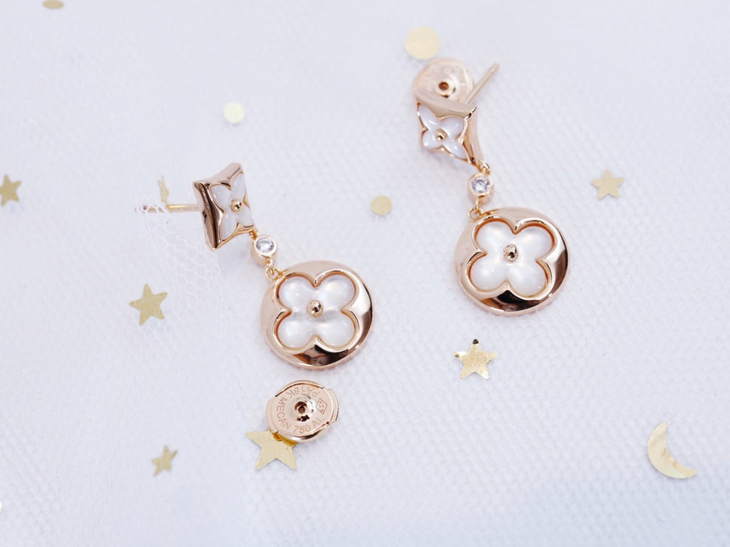 [BIJOUX]BOUCLES D'OREILLES PENDANTES EN OR ROSE ÉTOILE ET SOLEIL