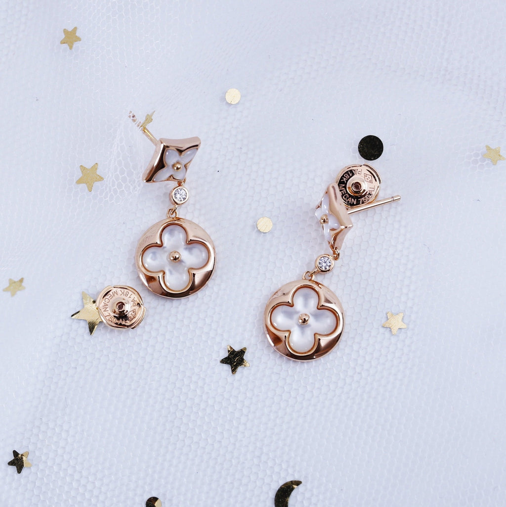 [BIJOUX]BOUCLES D'OREILLES PENDANTES EN OR ROSE ÉTOILE ET SOLEIL