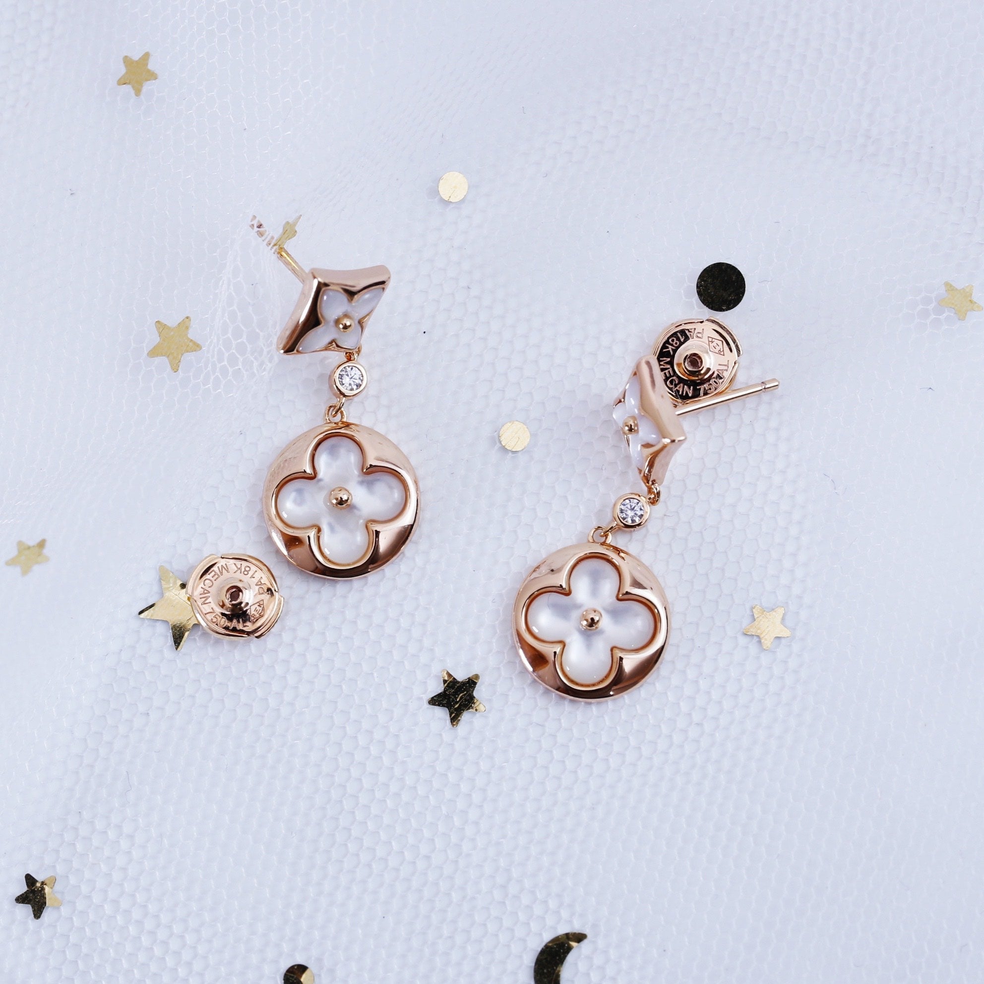 [BIJOUX]BOUCLES D'OREILLES PENDANTES EN OR ROSE ÉTOILE ET SOLEIL