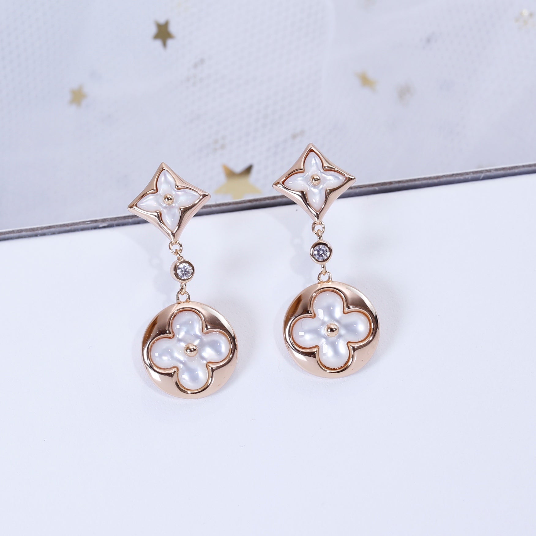 [BIJOUX]BOUCLES D'OREILLES PENDANTES EN OR ROSE ÉTOILE ET SOLEIL