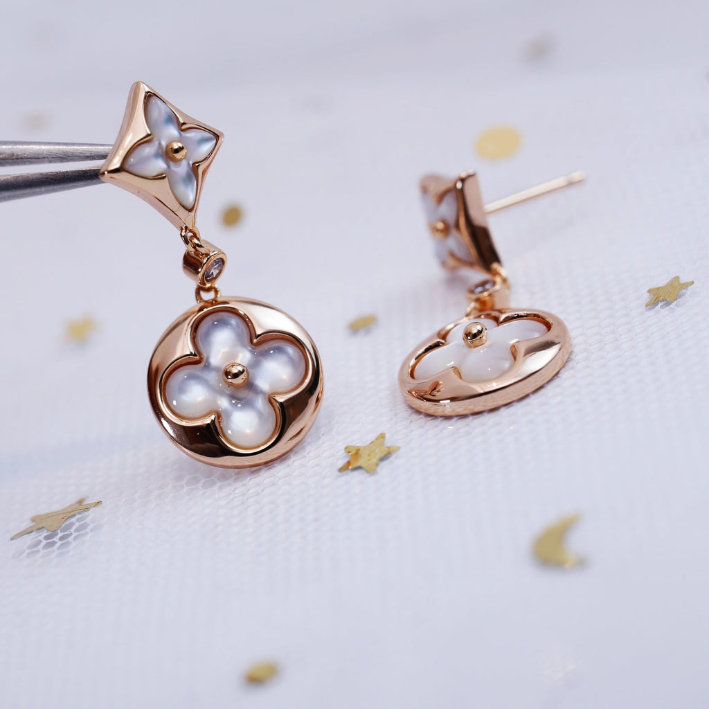 [BIJOUX]BOUCLES D'OREILLES PENDANTES EN OR ROSE ÉTOILE ET SOLEIL