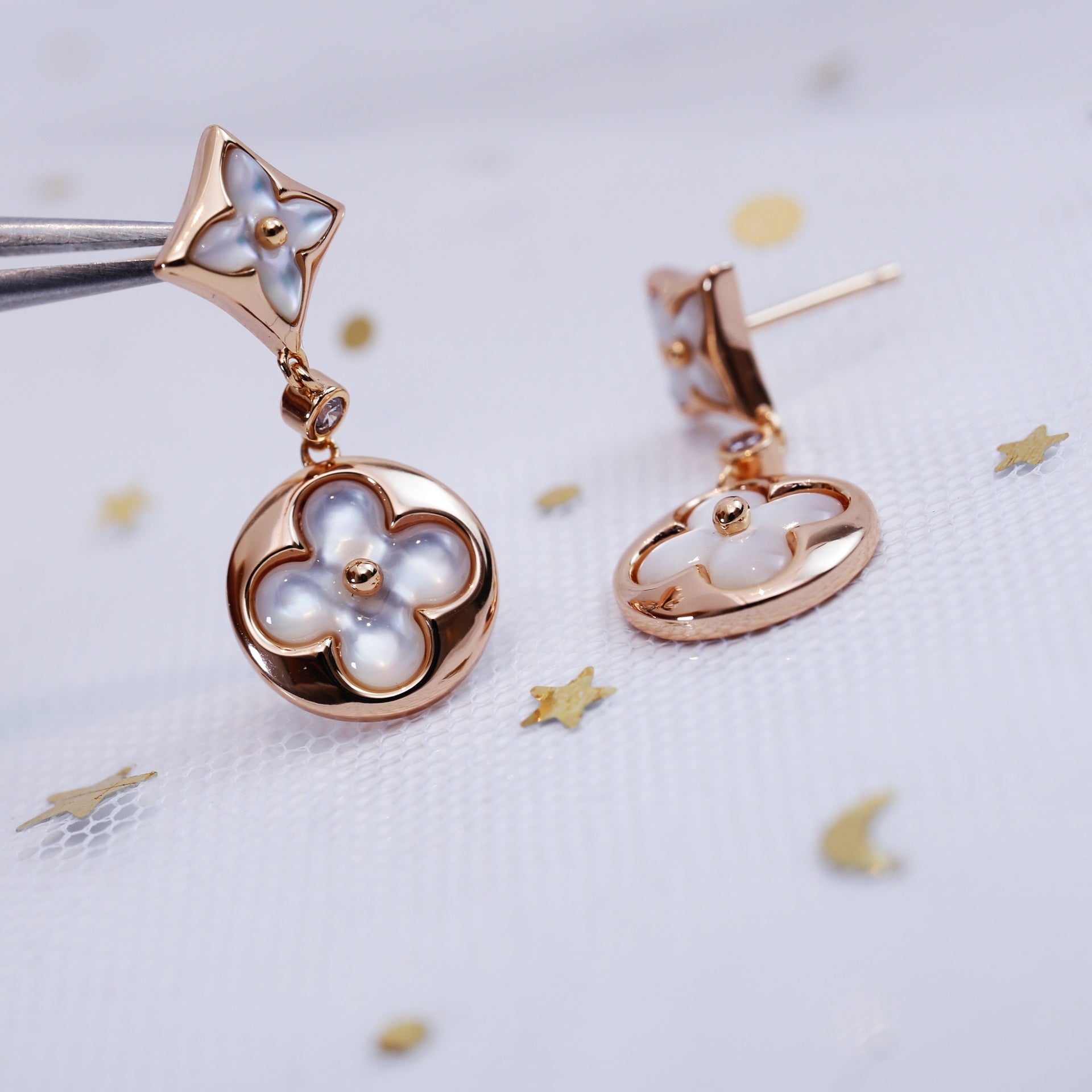 [BIJOUX]BOUCLES D'OREILLES PENDANTES EN OR ROSE ÉTOILE ET SOLEIL