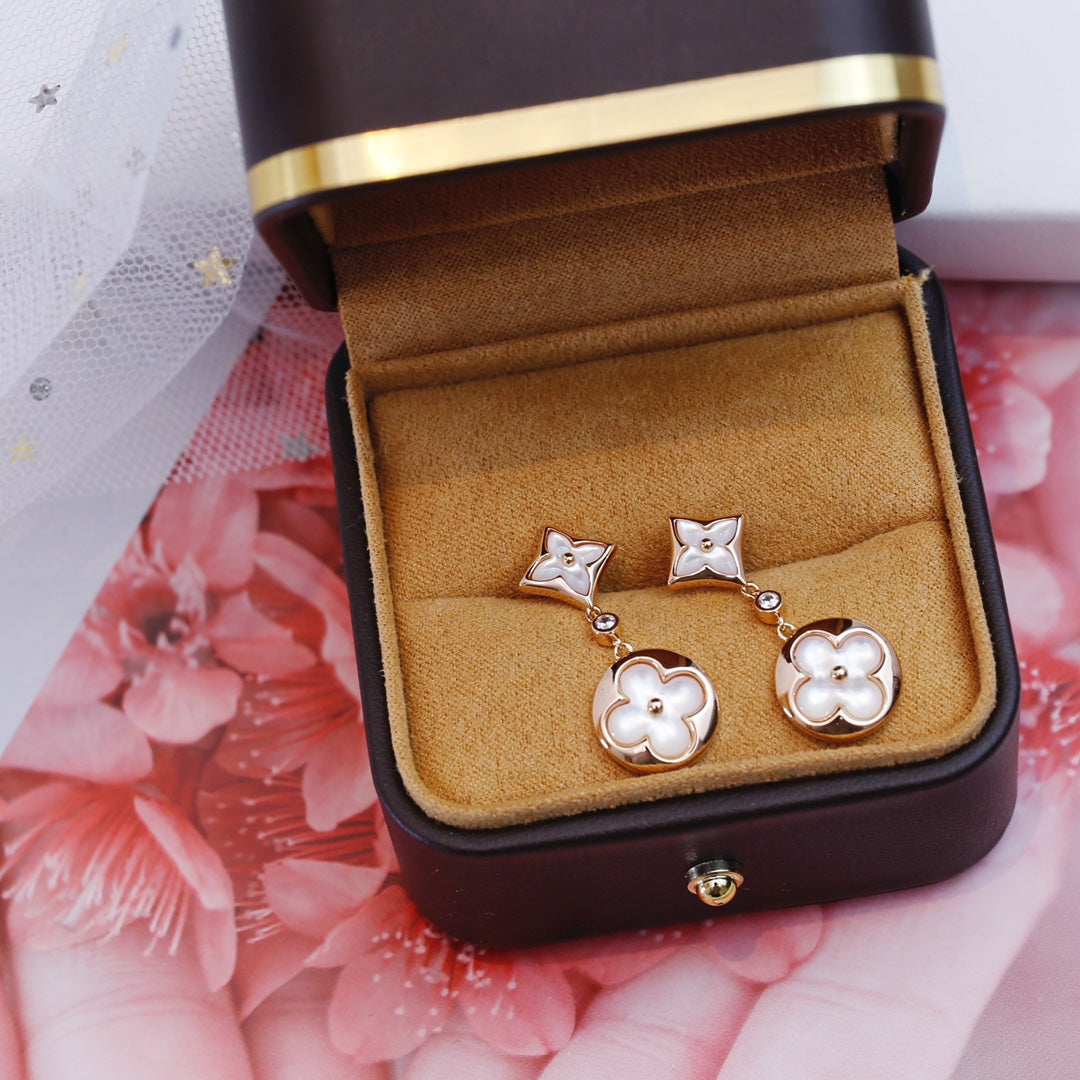 [BIJOUX]BOUCLES D'OREILLES PENDANTES EN OR ROSE ÉTOILE ET SOLEIL